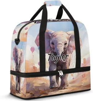 Customized Gym Bag for Women, Personalized African Elephant Travel Duffel Bag with Name, Elephant Design Weekender Overnight Bag with Shoes Compartment for Men Travel Yoga