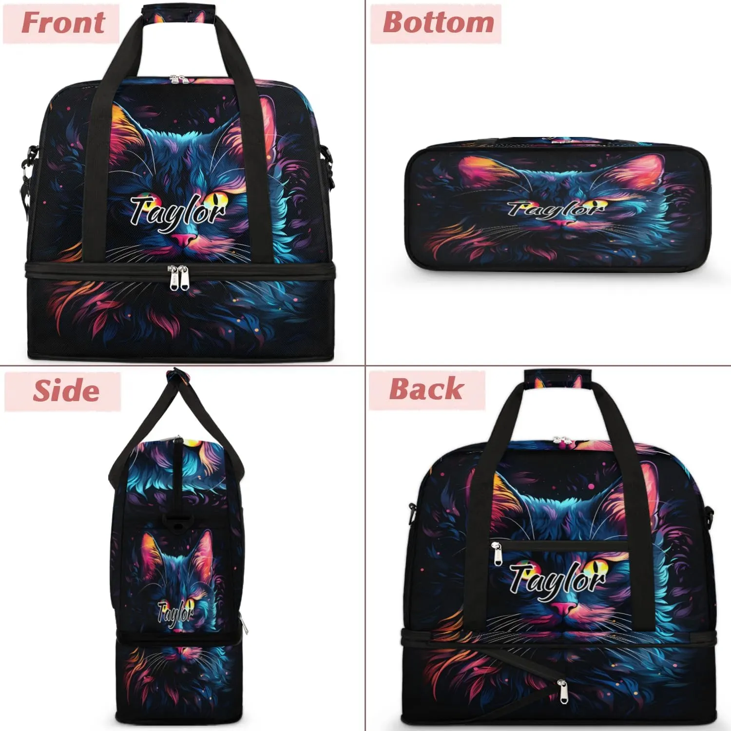 Customized Gym Bag for Women, Personalized Cat Patterns Travel Duffel Bag with Name, Black Cat Weekender Overnight Bag with Shoes Compartment for Men Travel Yoga