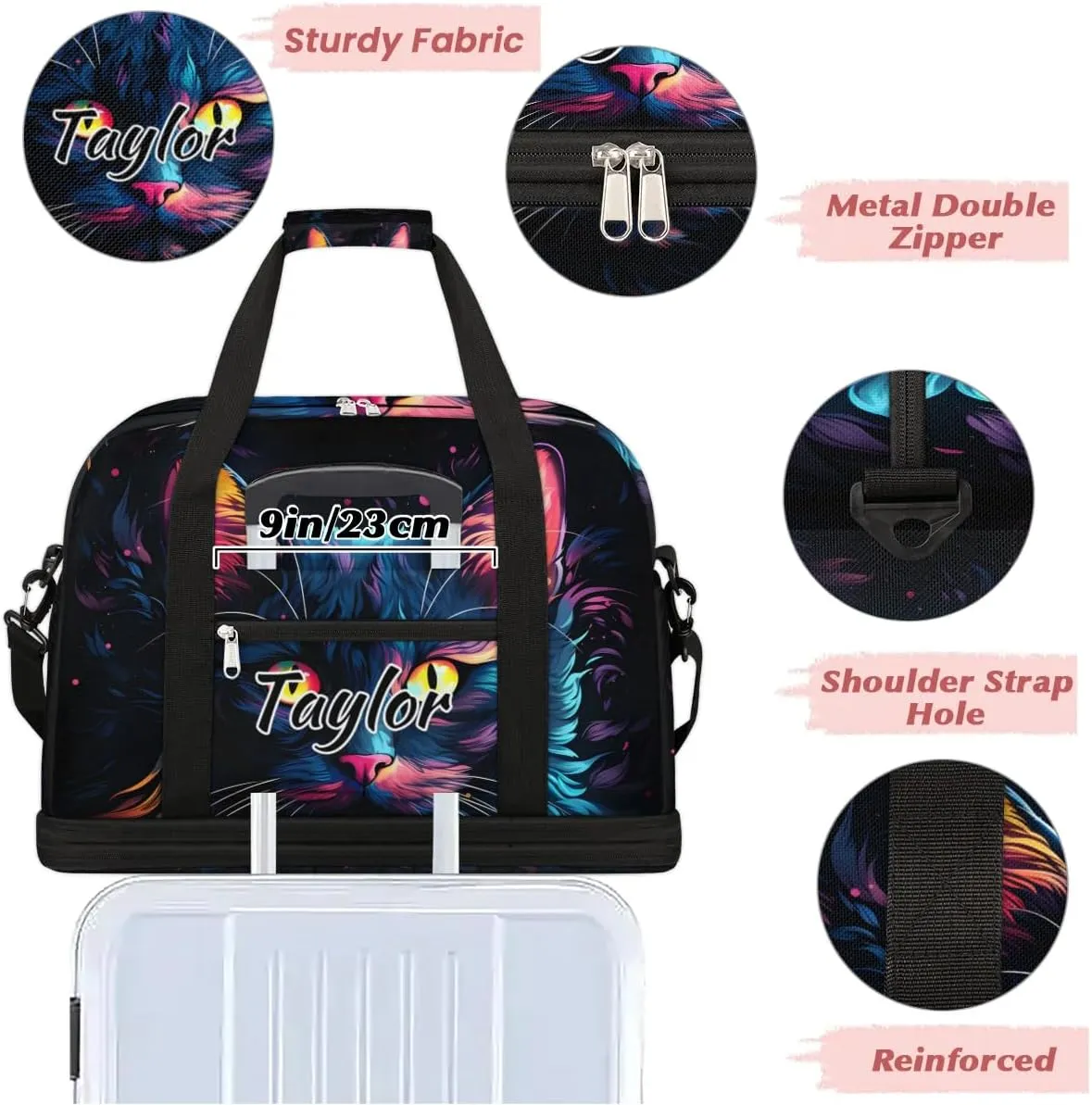 Customized Gym Bag for Women, Personalized Cat Patterns Travel Duffel Bag with Name, Black Cat Weekender Overnight Bag with Shoes Compartment for Men Travel Yoga