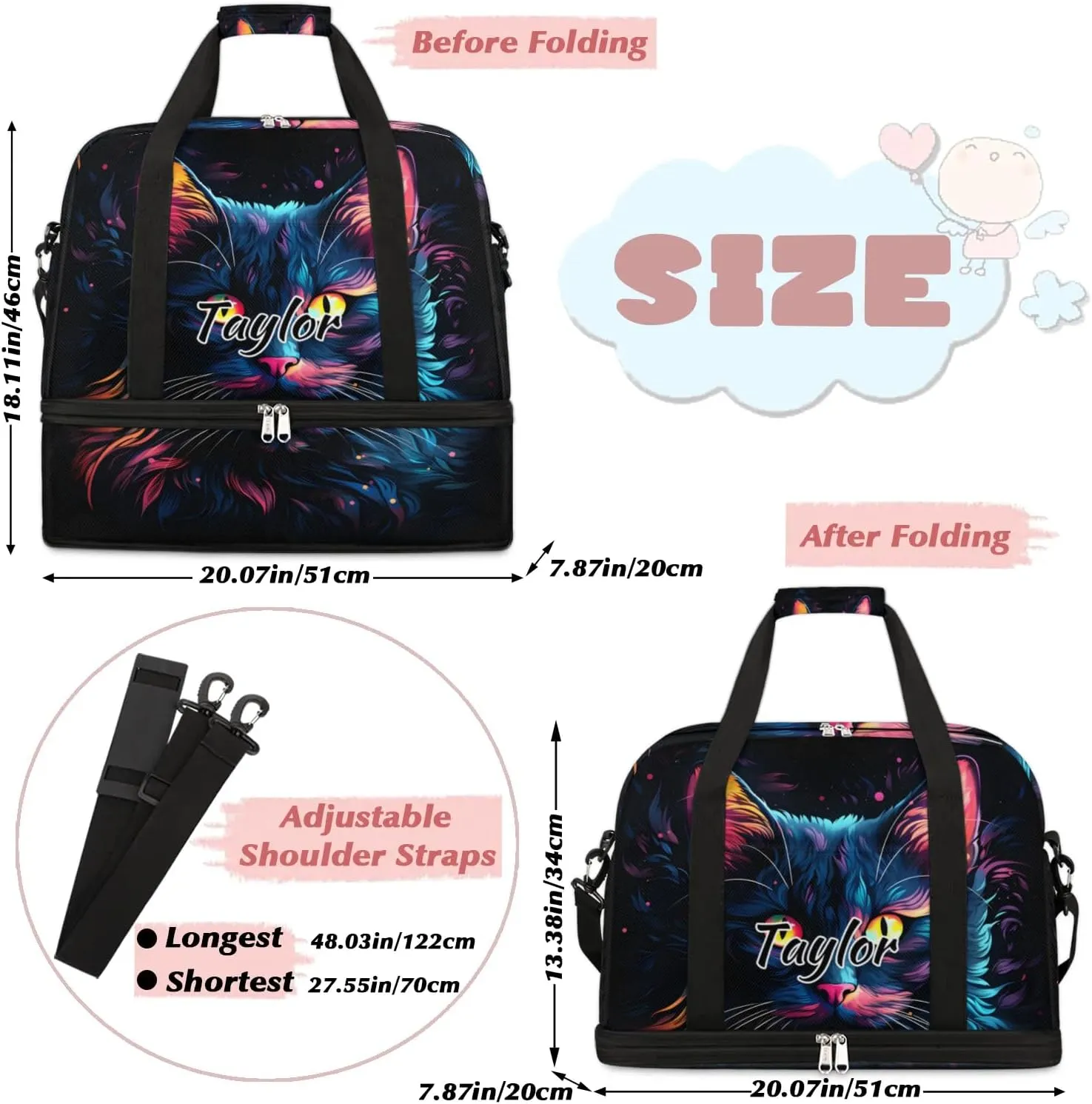 Customized Gym Bag for Women, Personalized Cat Patterns Travel Duffel Bag with Name, Black Cat Weekender Overnight Bag with Shoes Compartment for Men Travel Yoga