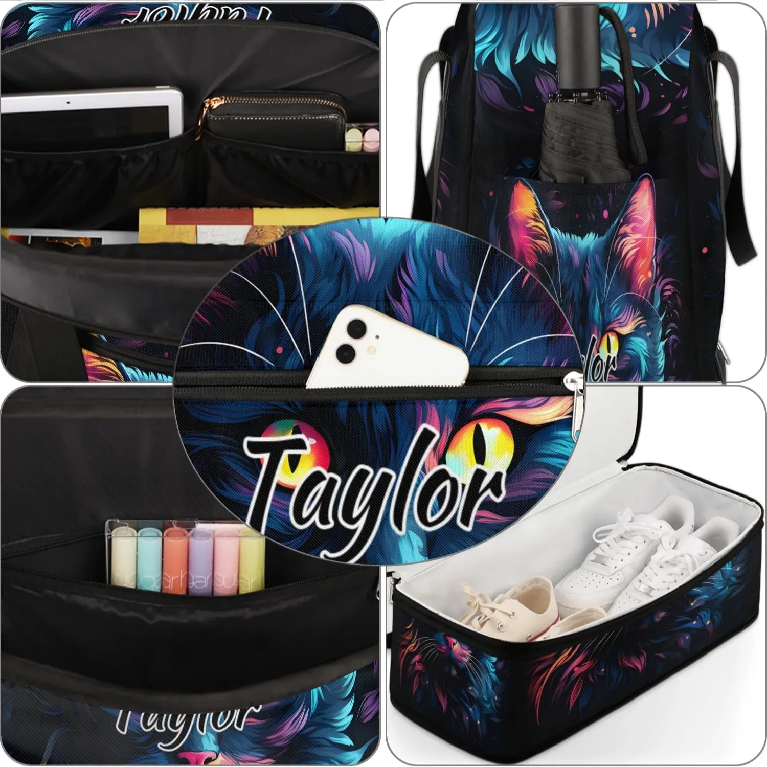 Customized Gym Bag for Women, Personalized Cat Patterns Travel Duffel Bag with Name, Black Cat Weekender Overnight Bag with Shoes Compartment for Men Travel Yoga