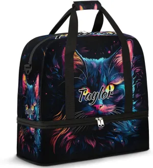 Customized Gym Bag for Women, Personalized Cat Patterns Travel Duffel Bag with Name, Black Cat Weekender Overnight Bag with Shoes Compartment for Men Travel Yoga