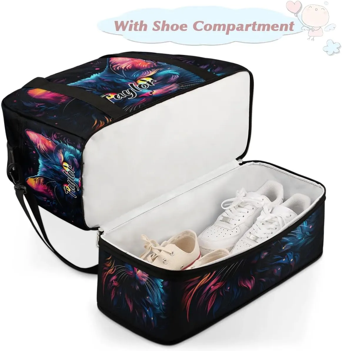 Customized Gym Bag for Women, Personalized Cat Patterns Travel Duffel Bag with Name, Black Cat Weekender Overnight Bag with Shoes Compartment for Men Travel Yoga