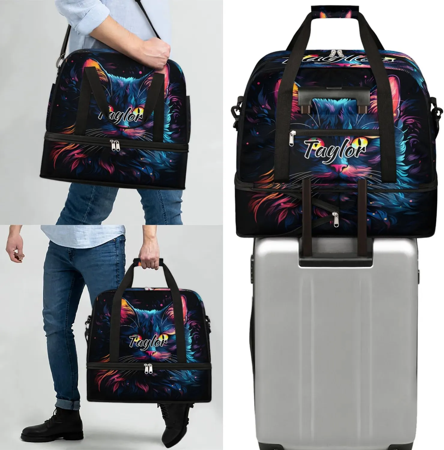 Customized Gym Bag for Women, Personalized Cat Patterns Travel Duffel Bag with Name, Black Cat Weekender Overnight Bag with Shoes Compartment for Men Travel Yoga