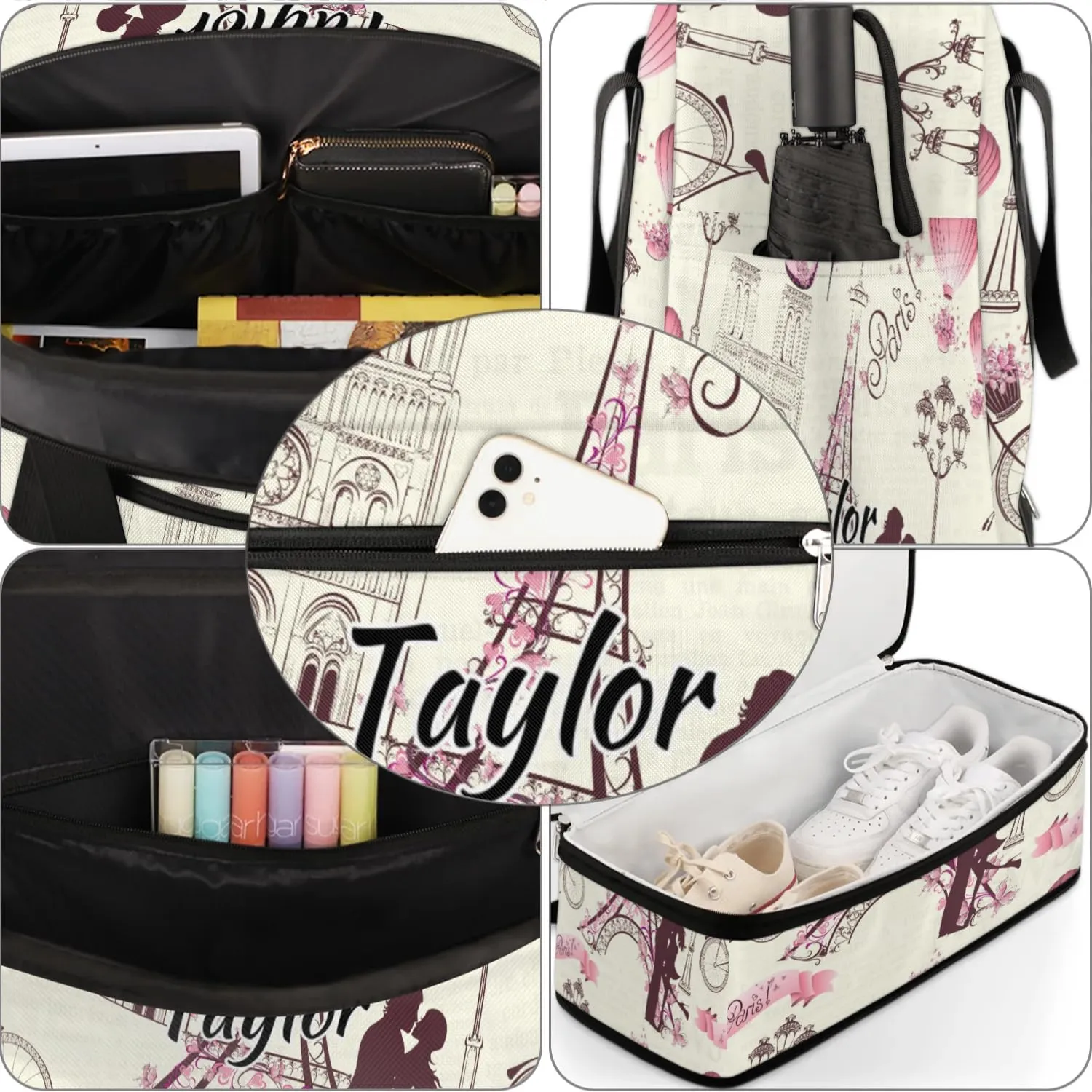 Customized Gym Bag for Women, Personalized Paris Travel Duffel Bag with Name, France Eiffel Tower Couple Weekender Overnight Bag with Shoes Compartment for Men Travel Yoga