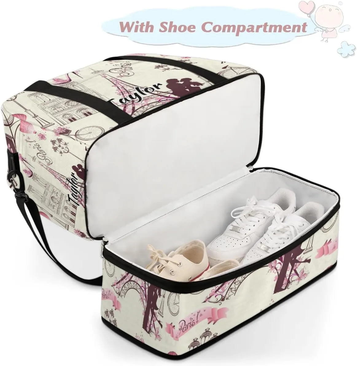 Customized Gym Bag for Women, Personalized Paris Travel Duffel Bag with Name, France Eiffel Tower Couple Weekender Overnight Bag with Shoes Compartment for Men Travel Yoga