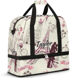 Customized Gym Bag for Women, Personalized Paris Travel Duffel Bag with Name, France Eiffel Tower Couple Weekender Overnight Bag with Shoes Compartment for Men Travel Yoga