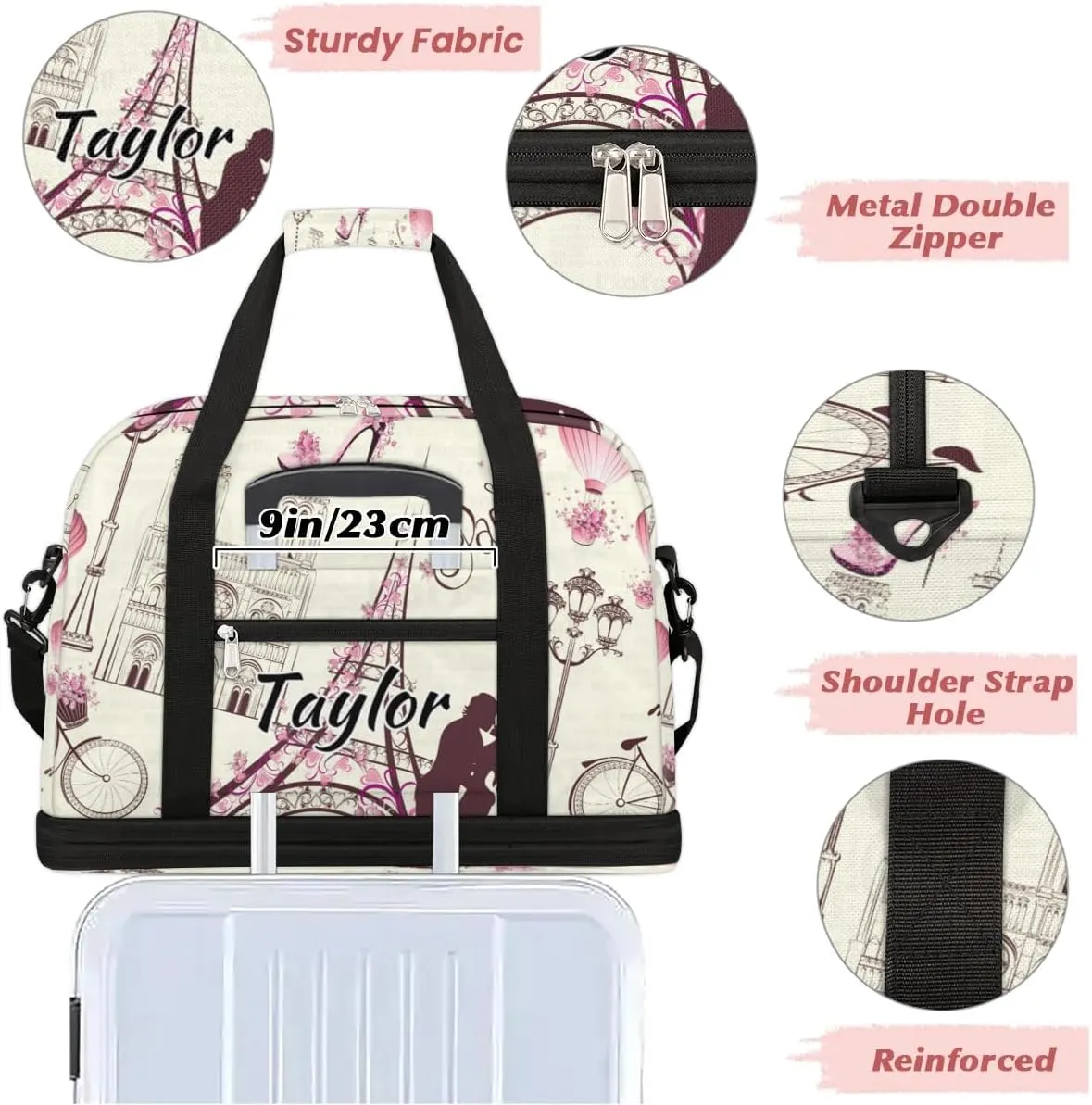 Customized Gym Bag for Women, Personalized Paris Travel Duffel Bag with Name, France Eiffel Tower Couple Weekender Overnight Bag with Shoes Compartment for Men Travel Yoga