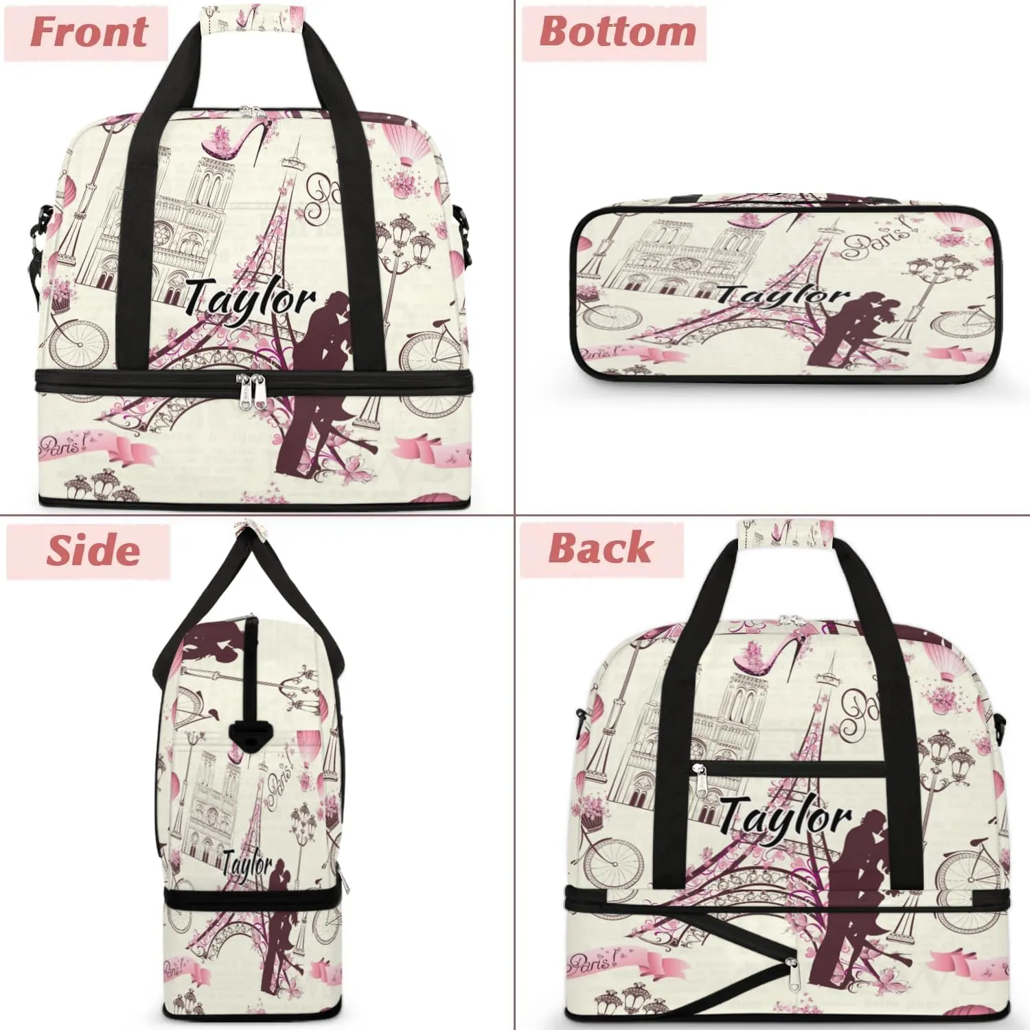 Customized Gym Bag for Women, Personalized Paris Travel Duffel Bag with Name, France Eiffel Tower Couple Weekender Overnight Bag with Shoes Compartment for Men Travel Yoga