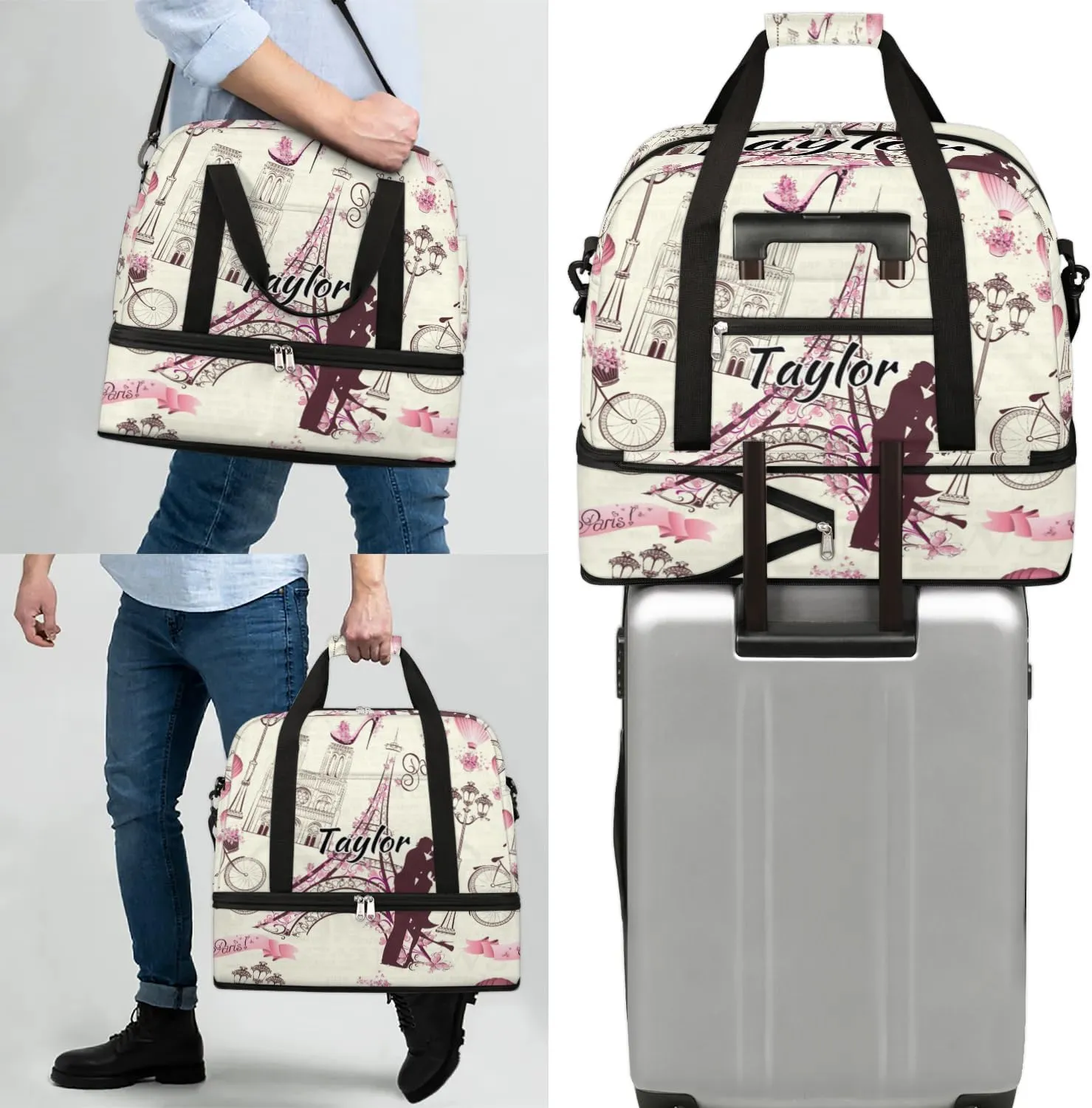 Customized Gym Bag for Women, Personalized Paris Travel Duffel Bag with Name, France Eiffel Tower Couple Weekender Overnight Bag with Shoes Compartment for Men Travel Yoga