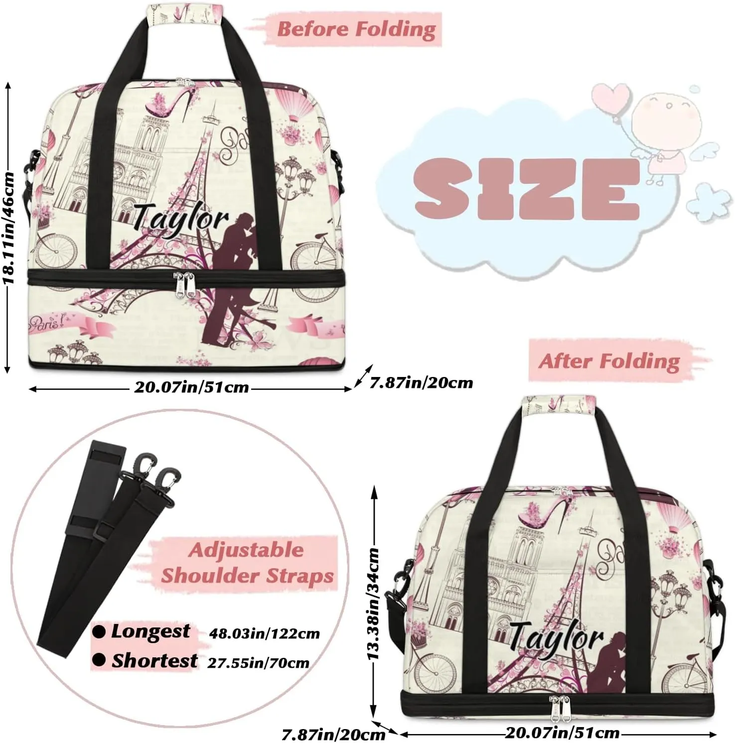 Customized Gym Bag for Women, Personalized Paris Travel Duffel Bag with Name, France Eiffel Tower Couple Weekender Overnight Bag with Shoes Compartment for Men Travel Yoga