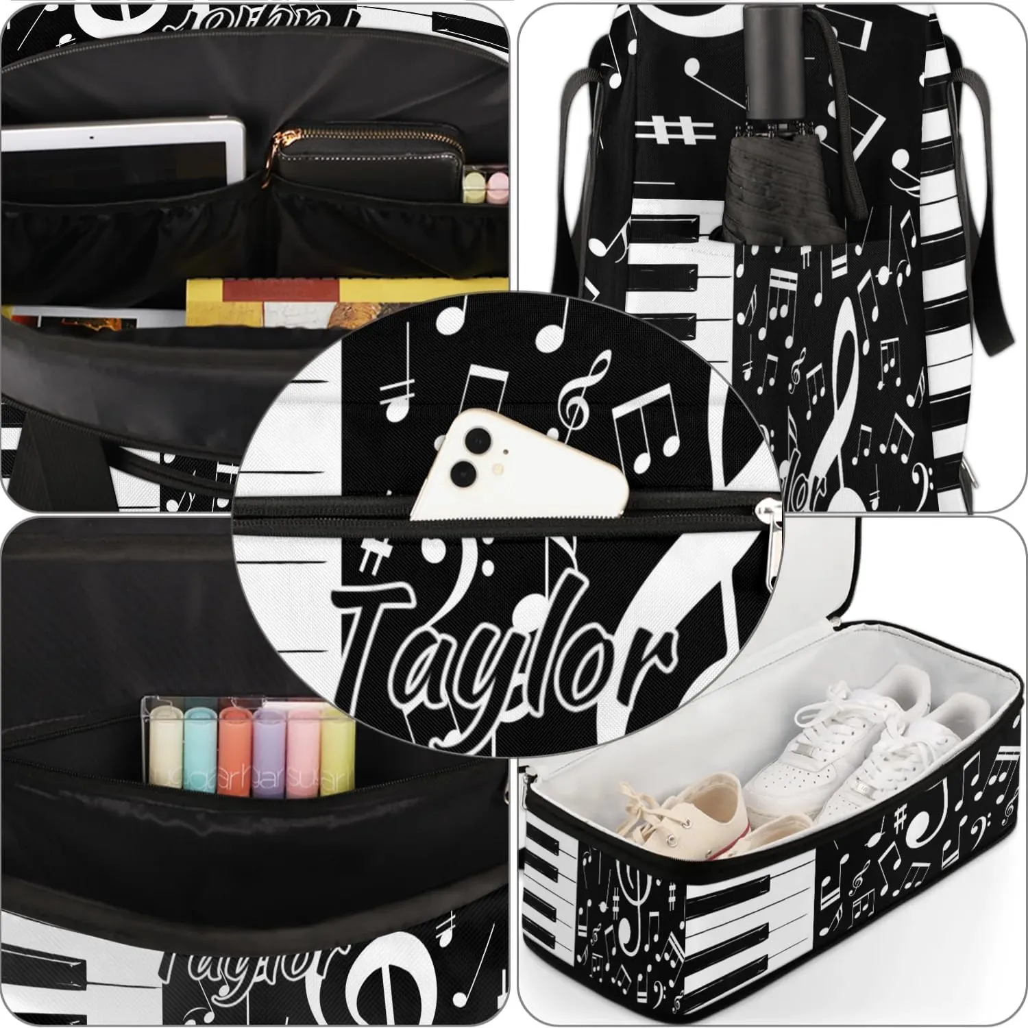Customized Gym Bag for Women, Personalized Piano Keys Music Travel Duffel Bag with Name, Music Weekender Overnight Bag with Shoes Compartment for Men Travel Yoga