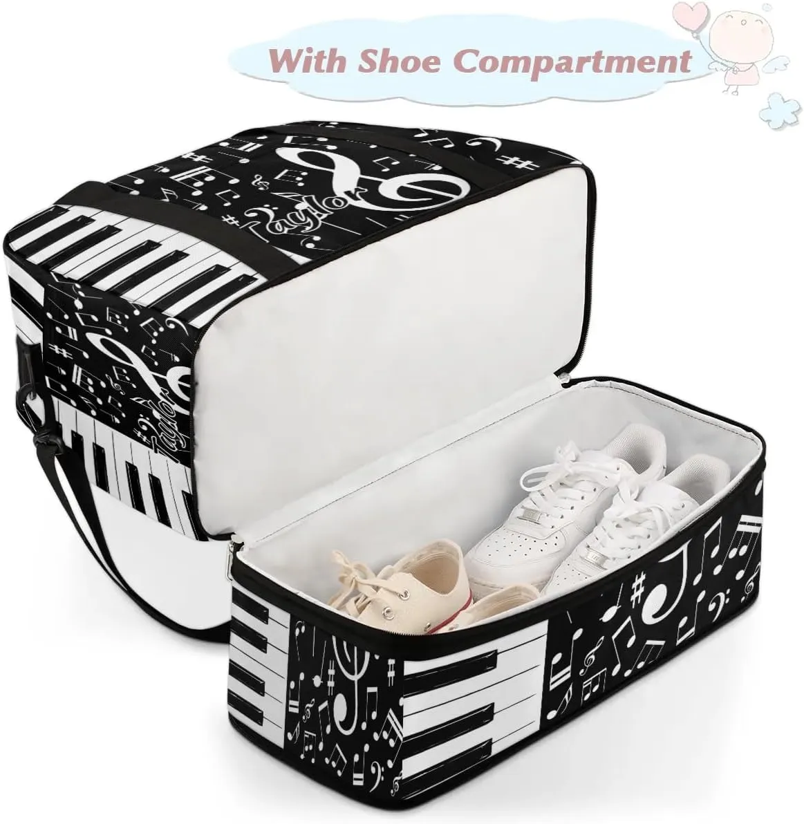 Customized Gym Bag for Women, Personalized Piano Keys Music Travel Duffel Bag with Name, Music Weekender Overnight Bag with Shoes Compartment for Men Travel Yoga