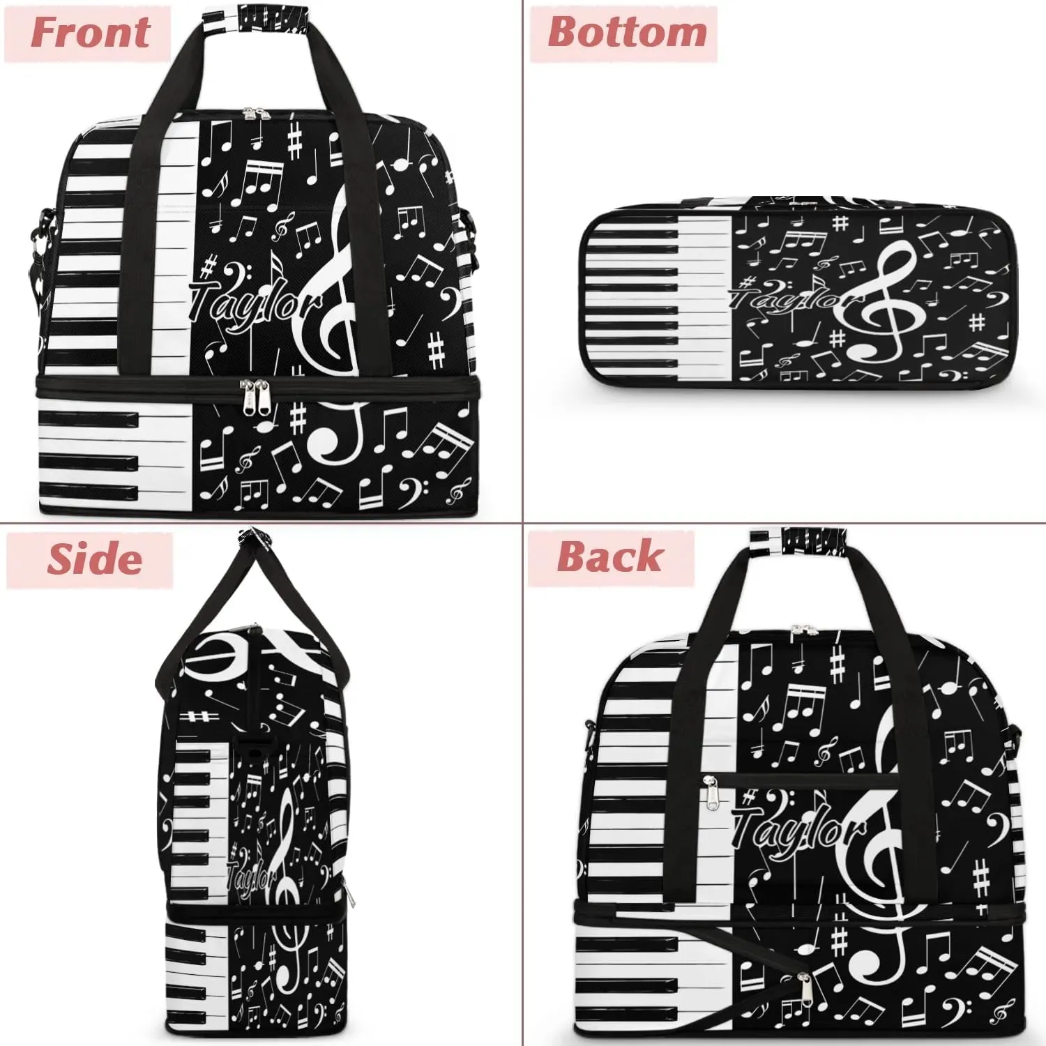 Customized Gym Bag for Women, Personalized Piano Keys Music Travel Duffel Bag with Name, Music Weekender Overnight Bag with Shoes Compartment for Men Travel Yoga