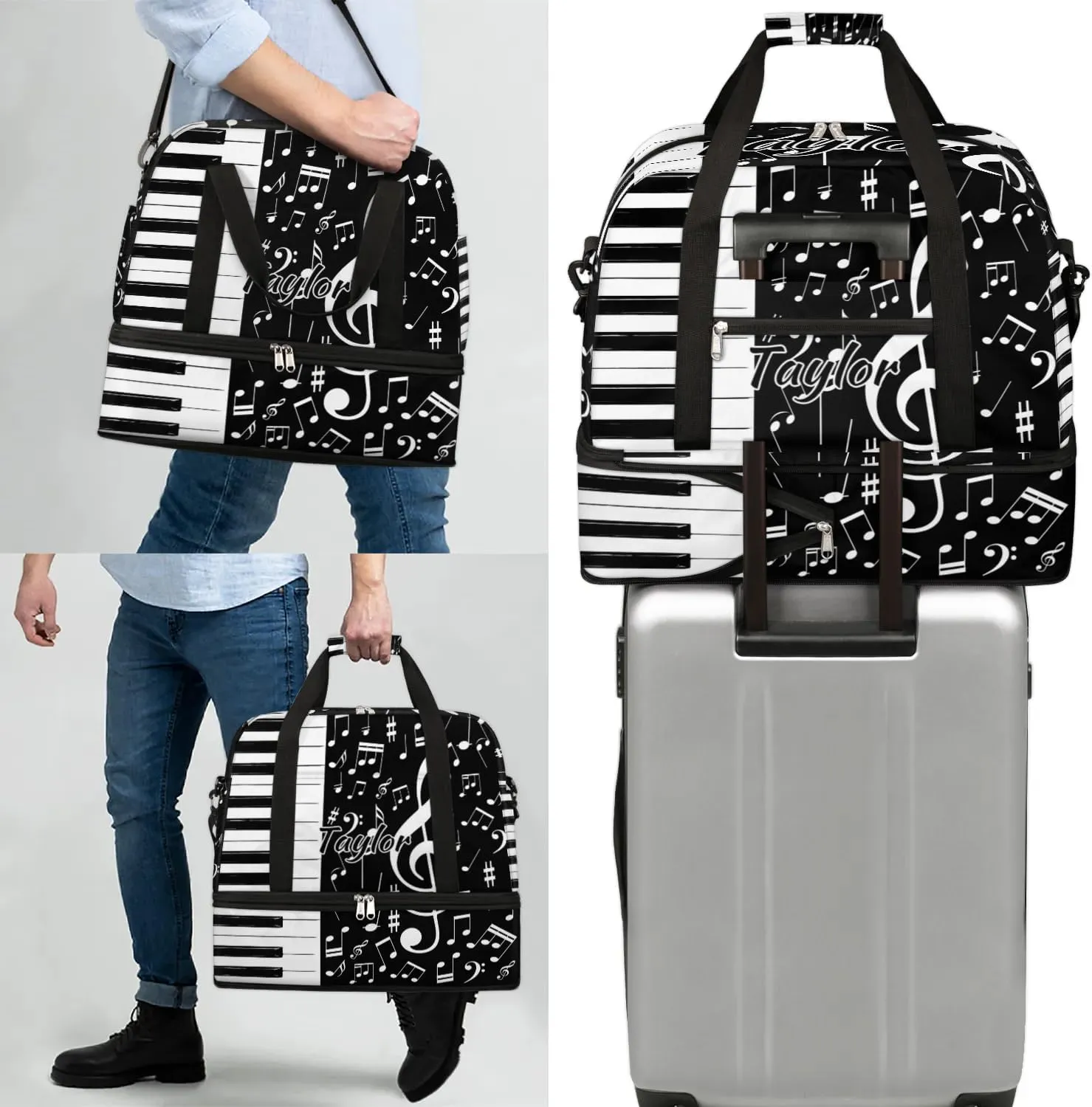 Customized Gym Bag for Women, Personalized Piano Keys Music Travel Duffel Bag with Name, Music Weekender Overnight Bag with Shoes Compartment for Men Travel Yoga