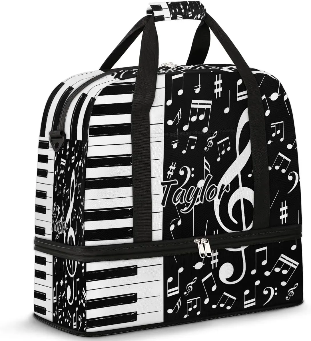 Customized Gym Bag for Women, Personalized Piano Keys Music Travel Duffel Bag with Name, Music Weekender Overnight Bag with Shoes Compartment for Men Travel Yoga