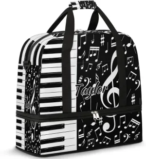 Customized Gym Bag for Women, Personalized Piano Keys Music Travel Duffel Bag with Name, Music Weekender Overnight Bag with Shoes Compartment for Men Travel Yoga