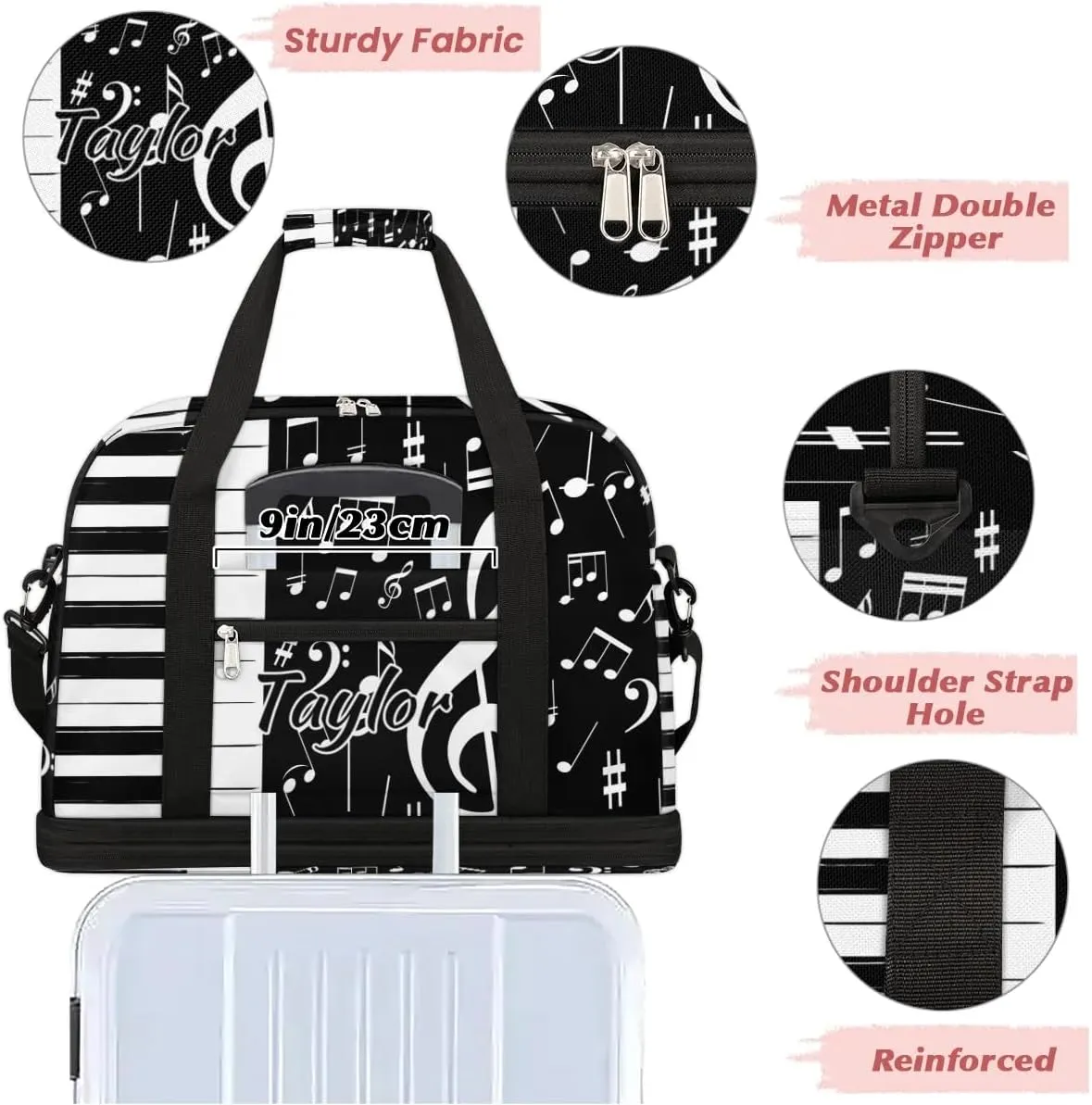 Customized Gym Bag for Women, Personalized Piano Keys Music Travel Duffel Bag with Name, Music Weekender Overnight Bag with Shoes Compartment for Men Travel Yoga