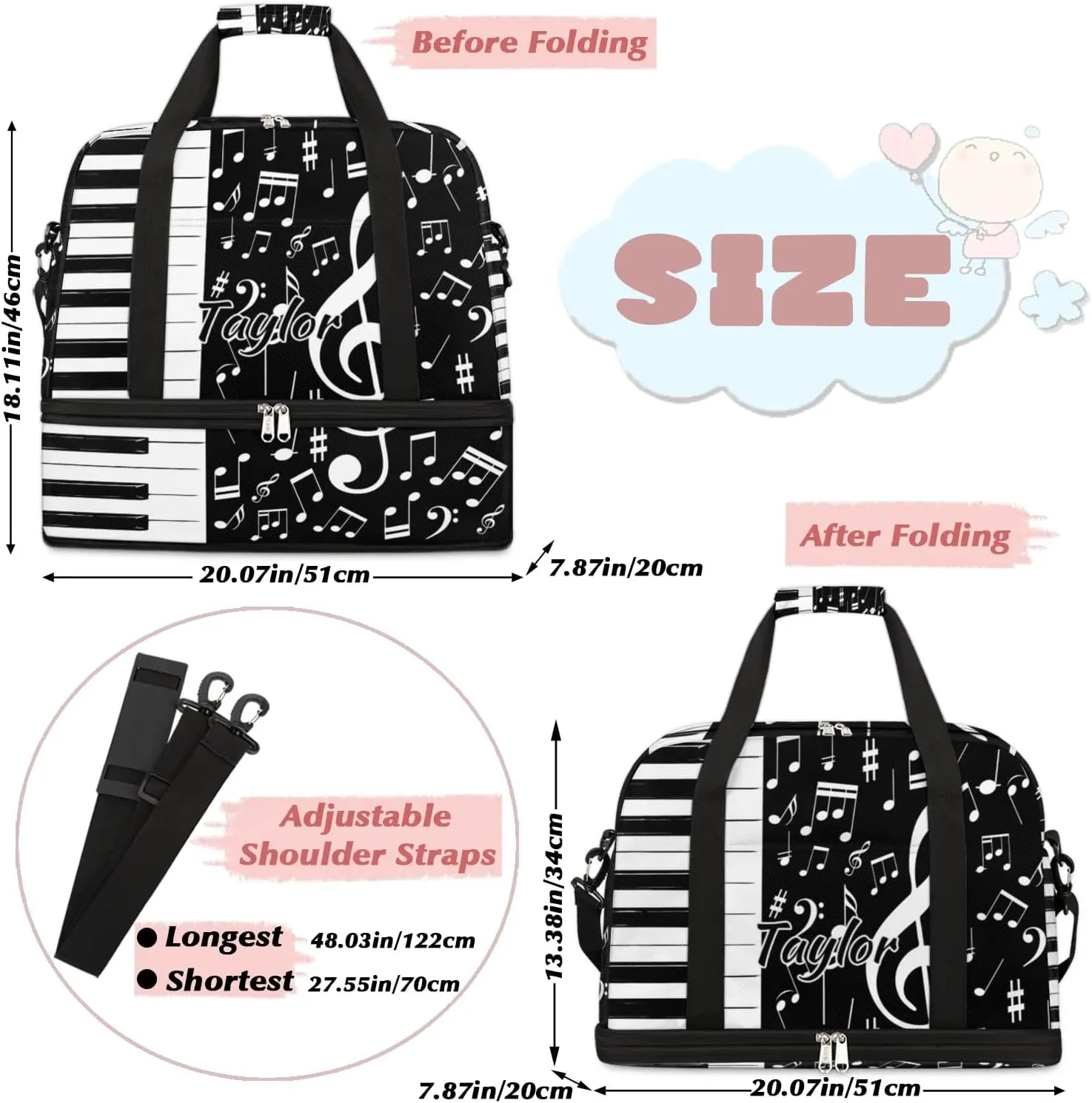 Customized Gym Bag for Women, Personalized Piano Keys Music Travel Duffel Bag with Name, Music Weekender Overnight Bag with Shoes Compartment for Men Travel Yoga