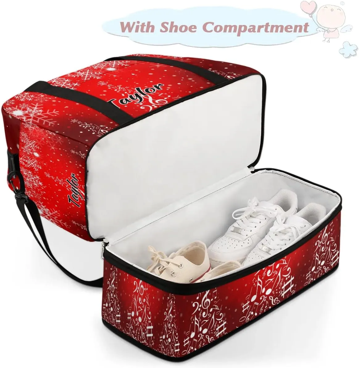 Customized Gym Bag for Women, Personalized Snowflake Christmas Travel Duffel Bag with Name, Music Note Tree Weekender Overnight Bag with Shoes Compartment for Men Travel Yoga