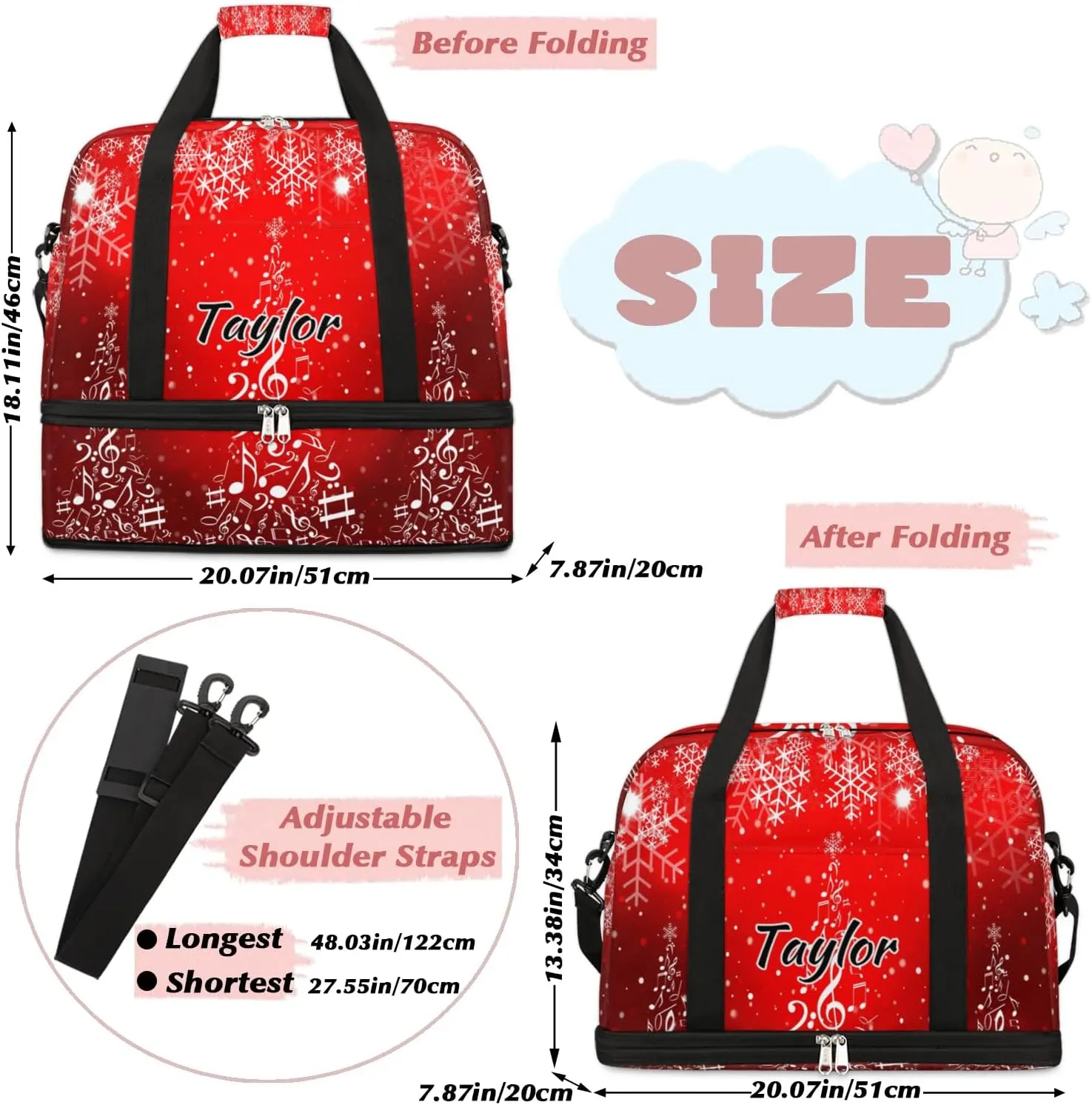 Customized Gym Bag for Women, Personalized Snowflake Christmas Travel Duffel Bag with Name, Music Note Tree Weekender Overnight Bag with Shoes Compartment for Men Travel Yoga
