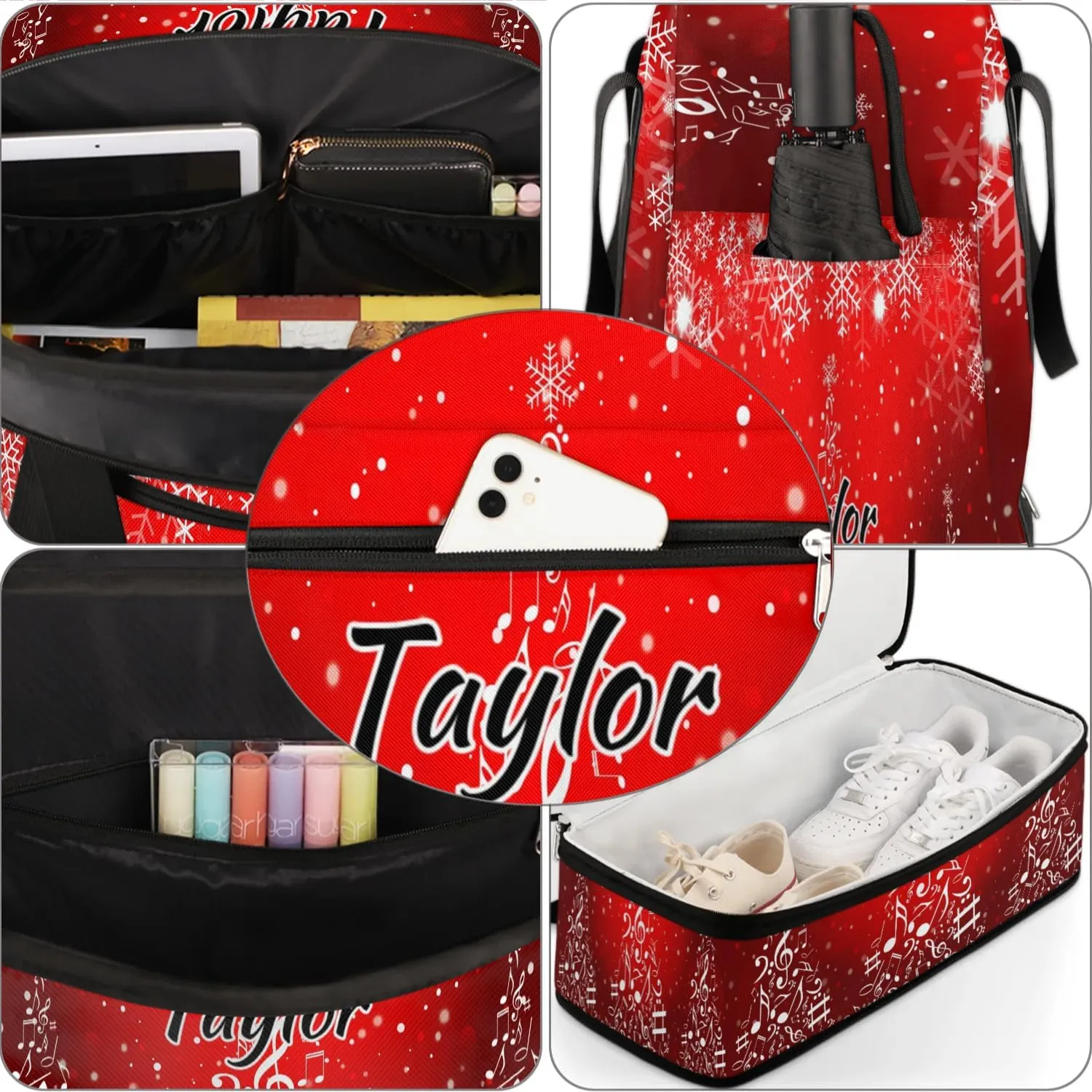Customized Gym Bag for Women, Personalized Snowflake Christmas Travel Duffel Bag with Name, Music Note Tree Weekender Overnight Bag with Shoes Compartment for Men Travel Yoga