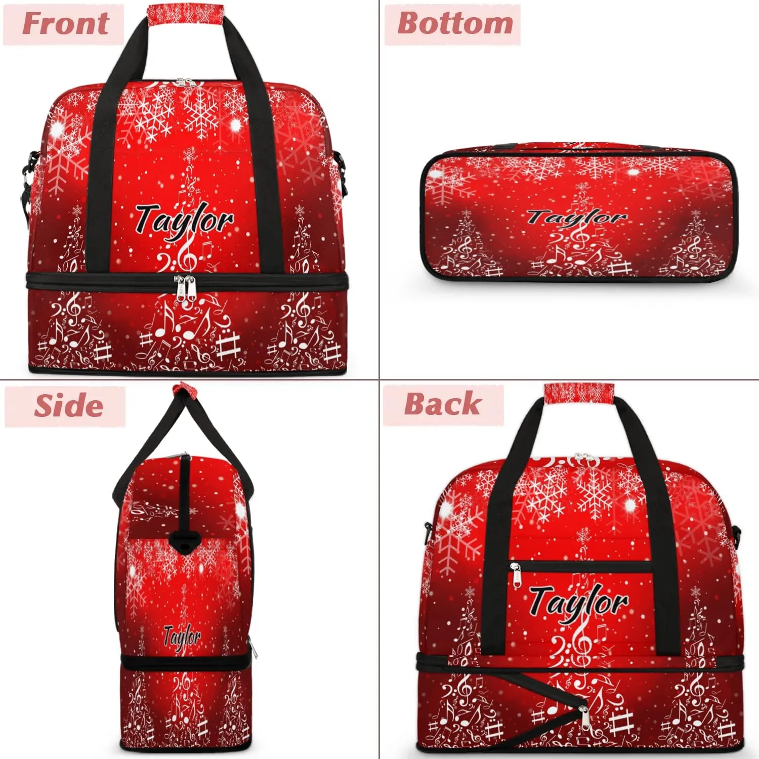 Customized Gym Bag for Women, Personalized Snowflake Christmas Travel Duffel Bag with Name, Music Note Tree Weekender Overnight Bag with Shoes Compartment for Men Travel Yoga