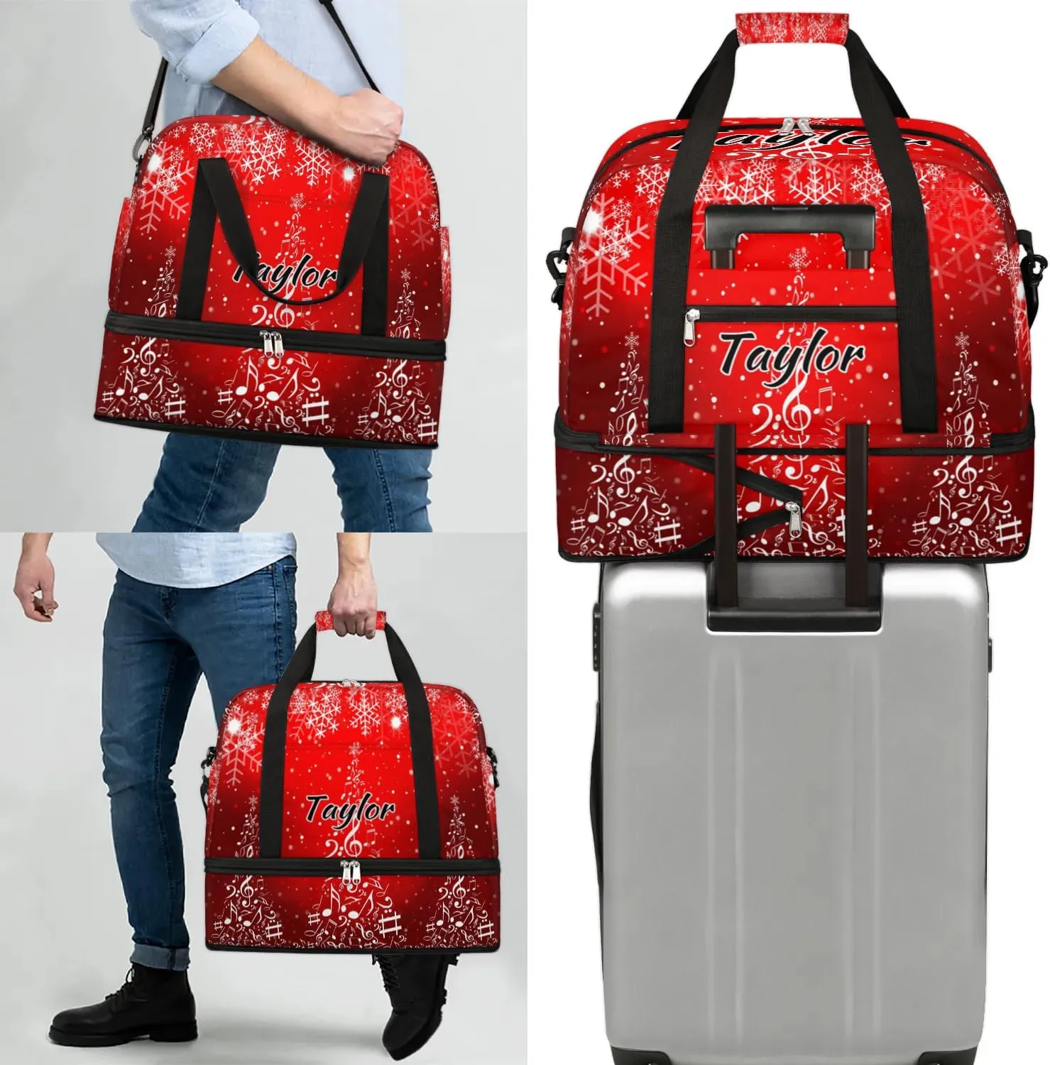 Customized Gym Bag for Women, Personalized Snowflake Christmas Travel Duffel Bag with Name, Music Note Tree Weekender Overnight Bag with Shoes Compartment for Men Travel Yoga