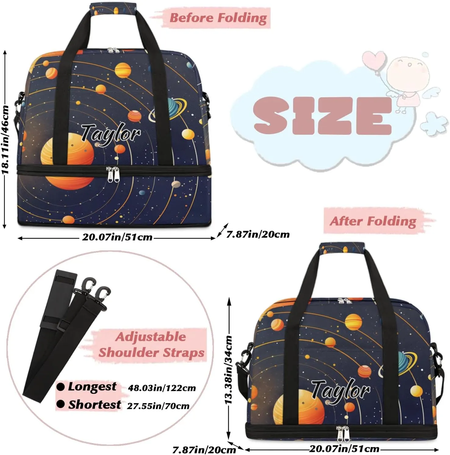 Customized Gym Bag for Women, Personalized Solar System Travel Duffel Bag with Name, Planet Space Weekender Overnight Bag with Shoes Compartment for Men Travel Yoga