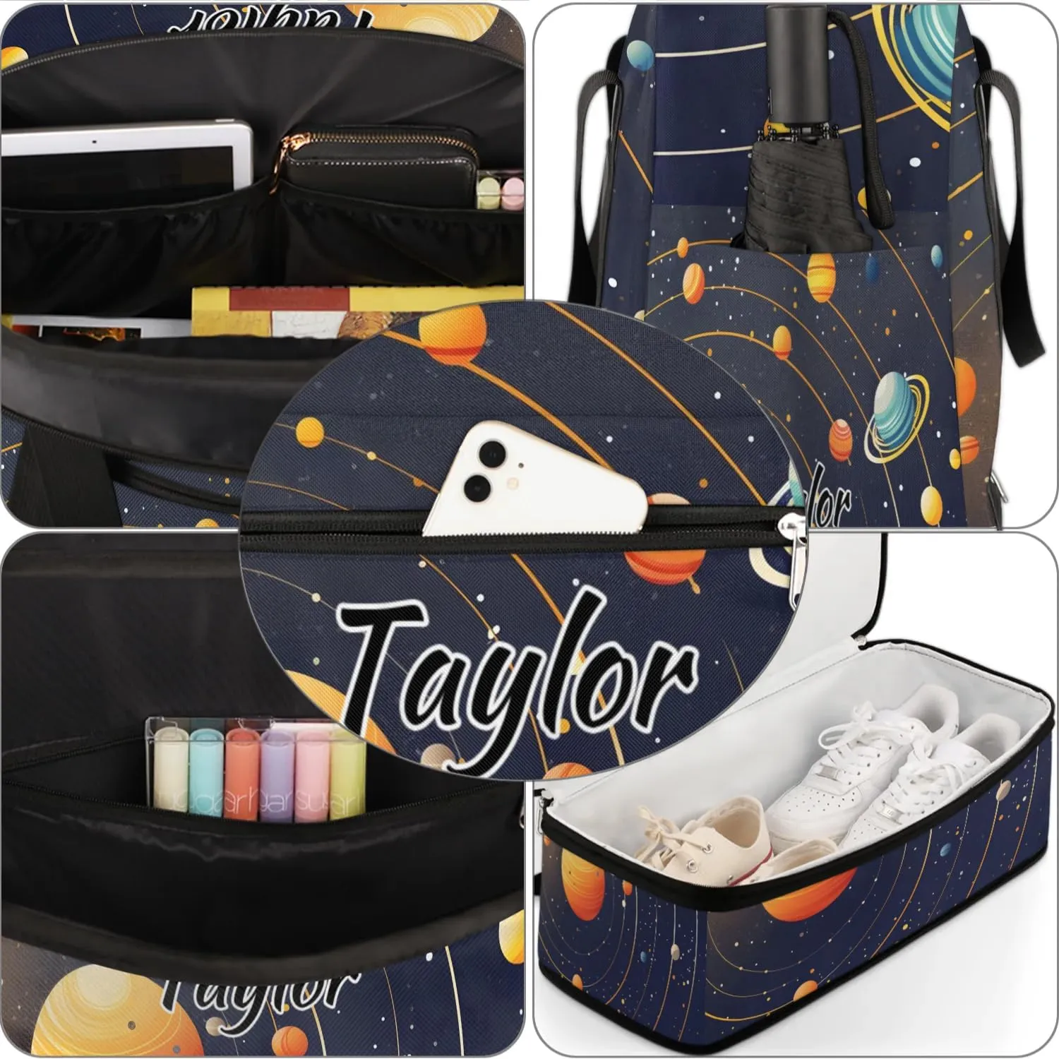 Customized Gym Bag for Women, Personalized Solar System Travel Duffel Bag with Name, Planet Space Weekender Overnight Bag with Shoes Compartment for Men Travel Yoga