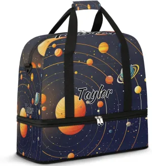Customized Gym Bag for Women, Personalized Solar System Travel Duffel Bag with Name, Planet Space Weekender Overnight Bag with Shoes Compartment for Men Travel Yoga