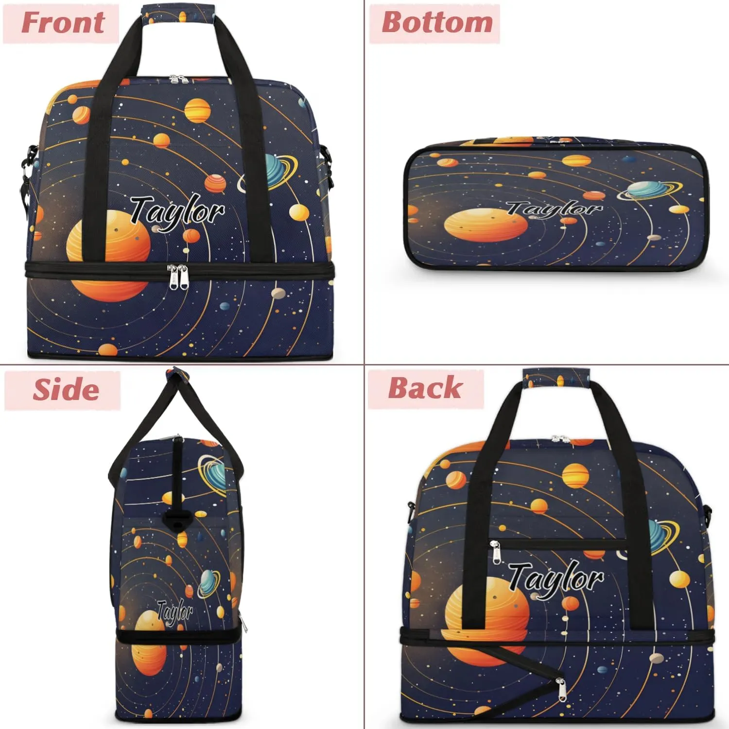 Customized Gym Bag for Women, Personalized Solar System Travel Duffel Bag with Name, Planet Space Weekender Overnight Bag with Shoes Compartment for Men Travel Yoga