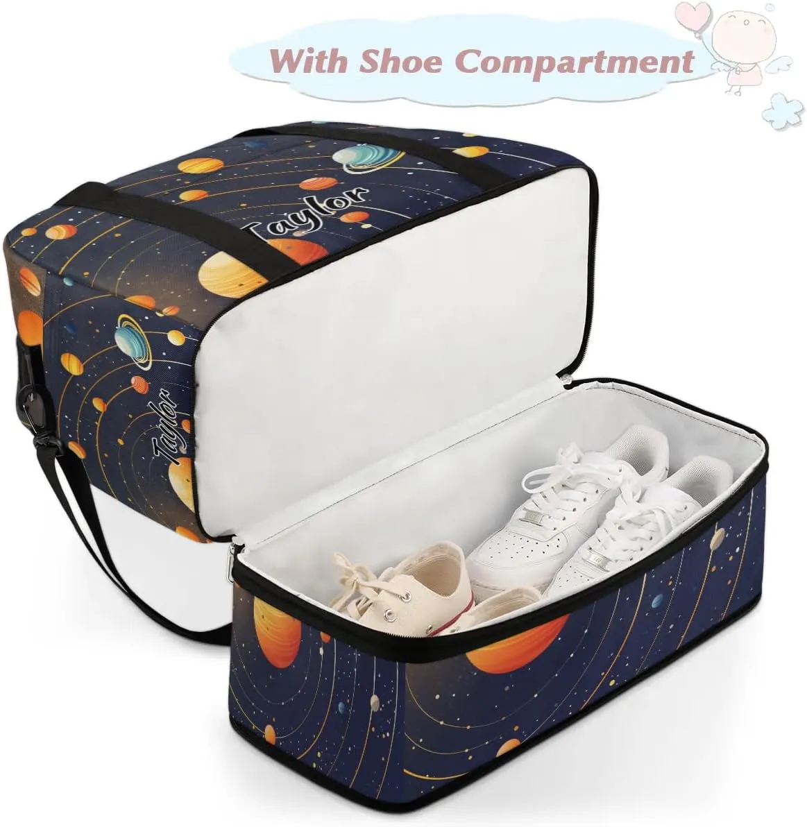 Customized Gym Bag for Women, Personalized Solar System Travel Duffel Bag with Name, Planet Space Weekender Overnight Bag with Shoes Compartment for Men Travel Yoga