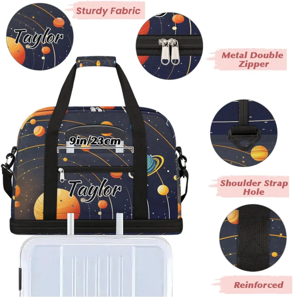 Customized Gym Bag for Women, Personalized Solar System Travel Duffel Bag with Name, Planet Space Weekender Overnight Bag with Shoes Compartment for Men Travel Yoga