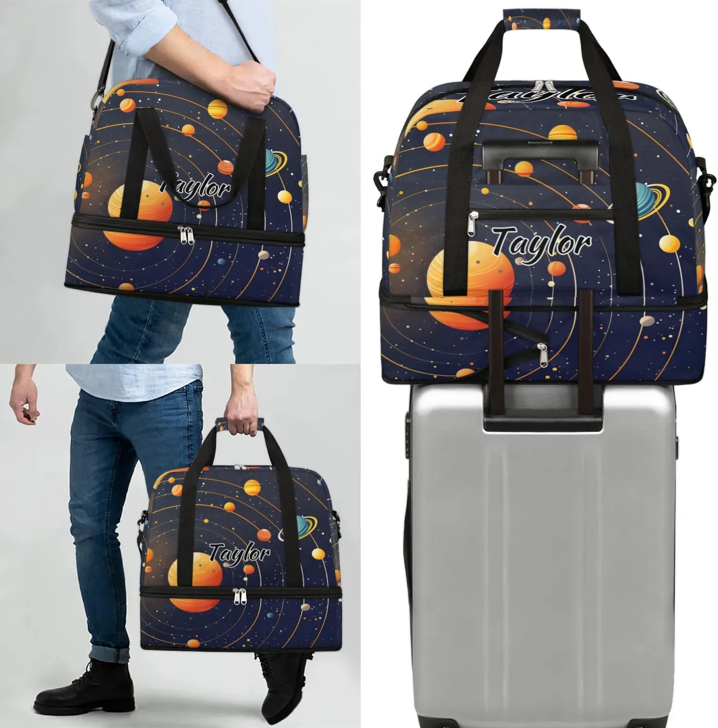 Customized Gym Bag for Women, Personalized Solar System Travel Duffel Bag with Name, Planet Space Weekender Overnight Bag with Shoes Compartment for Men Travel Yoga