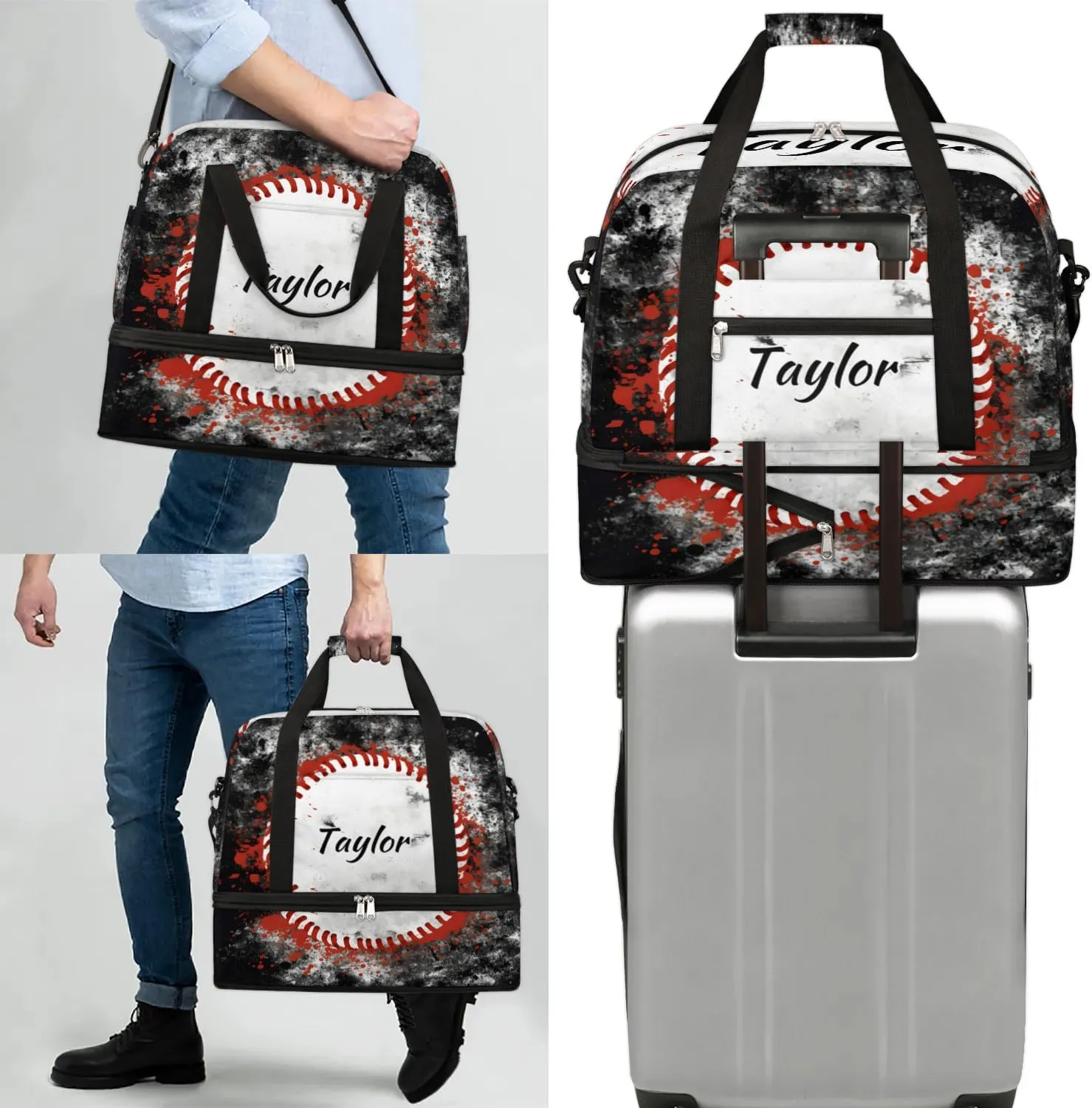 Customized Gym Bag for Women, Personalized Sports Theme Travel Duffel Bag with Name, Sports Baseball Weekender Overnight Bag with Shoes Compartment for Men Travel Yoga