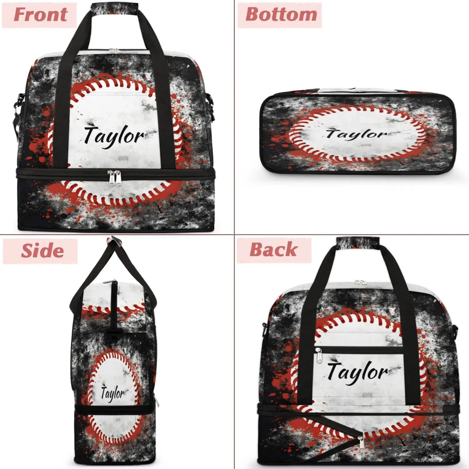 Customized Gym Bag for Women, Personalized Sports Theme Travel Duffel Bag with Name, Sports Baseball Weekender Overnight Bag with Shoes Compartment for Men Travel Yoga