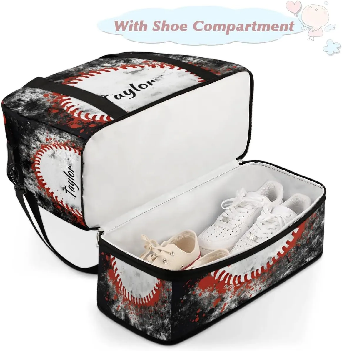Customized Gym Bag for Women, Personalized Sports Theme Travel Duffel Bag with Name, Sports Baseball Weekender Overnight Bag with Shoes Compartment for Men Travel Yoga
