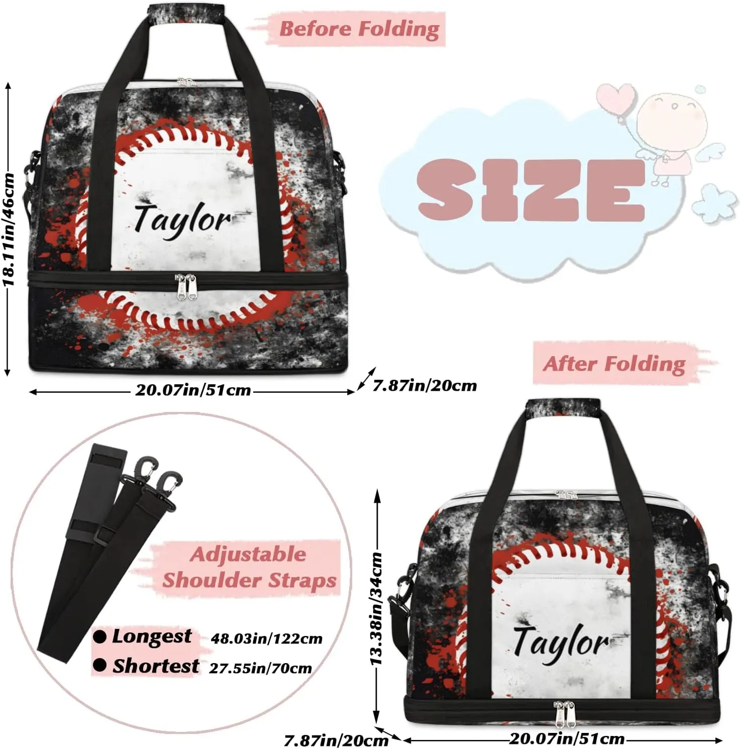 Customized Gym Bag for Women, Personalized Sports Theme Travel Duffel Bag with Name, Sports Baseball Weekender Overnight Bag with Shoes Compartment for Men Travel Yoga