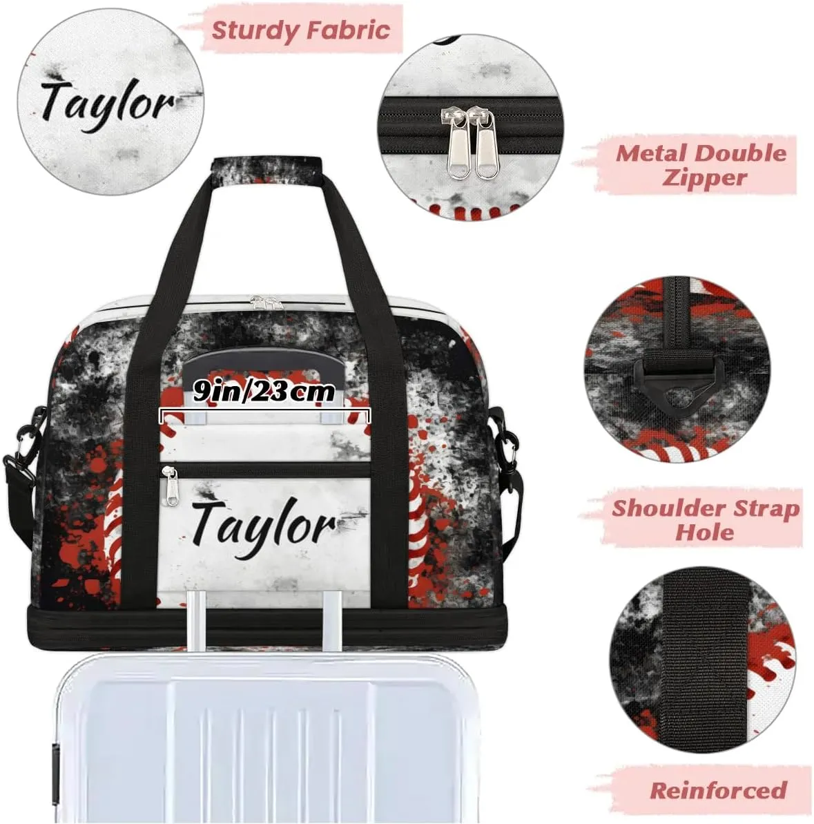 Customized Gym Bag for Women, Personalized Sports Theme Travel Duffel Bag with Name, Sports Baseball Weekender Overnight Bag with Shoes Compartment for Men Travel Yoga