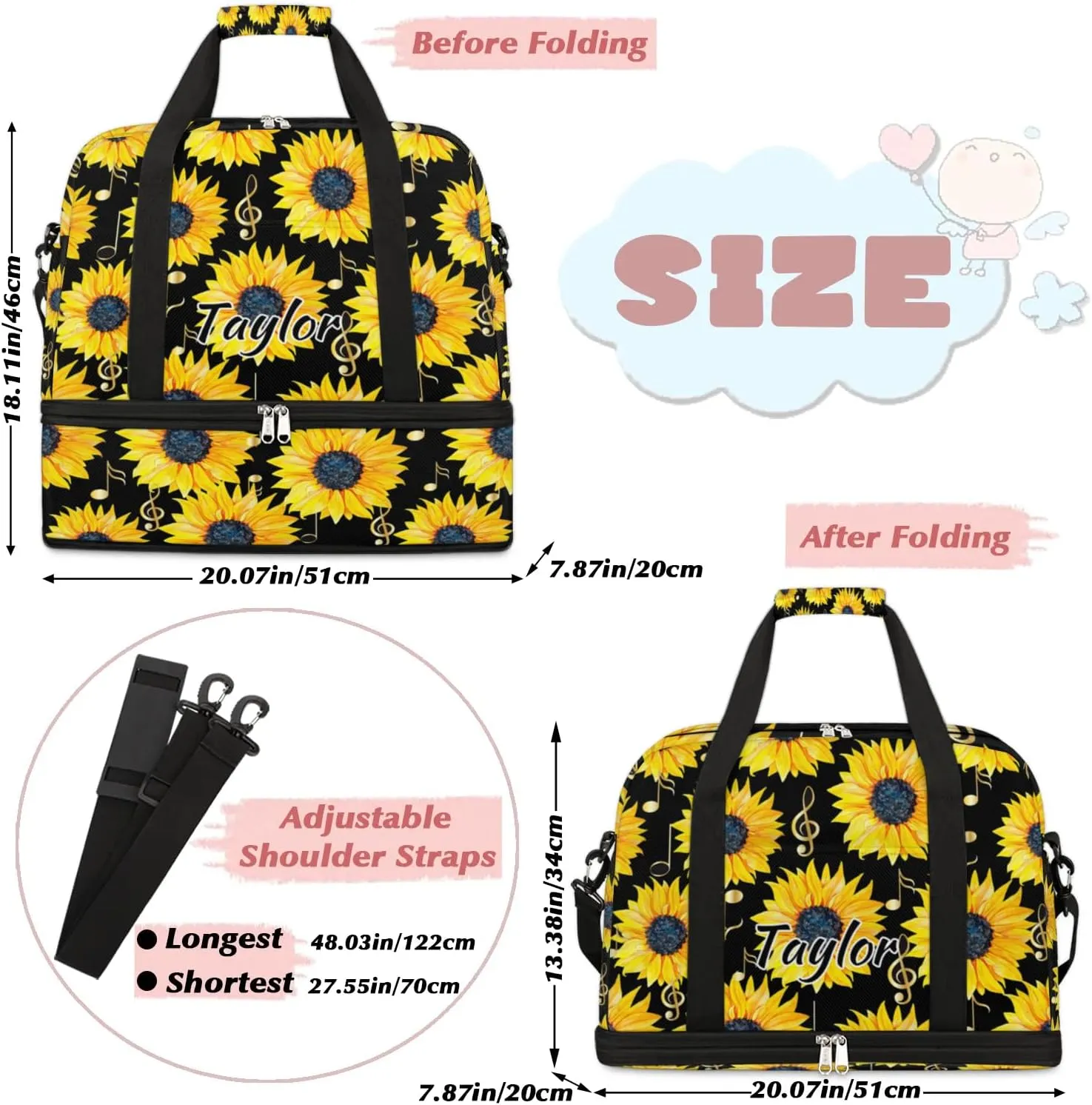 Customized Gym Bag for Women, Personalized Sunflower Travel Duffel Bag with Name, Music Note Weekender Overnight Bag with Shoes Compartment for Men Travel Yoga