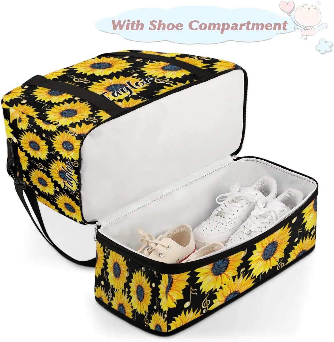 Customized Gym Bag for Women, Personalized Sunflower Travel Duffel Bag with Name, Music Note Weekender Overnight Bag with Shoes Compartment for Men Travel Yoga