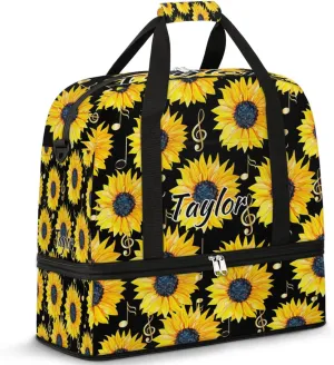 Customized Gym Bag for Women, Personalized Sunflower Travel Duffel Bag with Name, Music Note Weekender Overnight Bag with Shoes Compartment for Men Travel Yoga