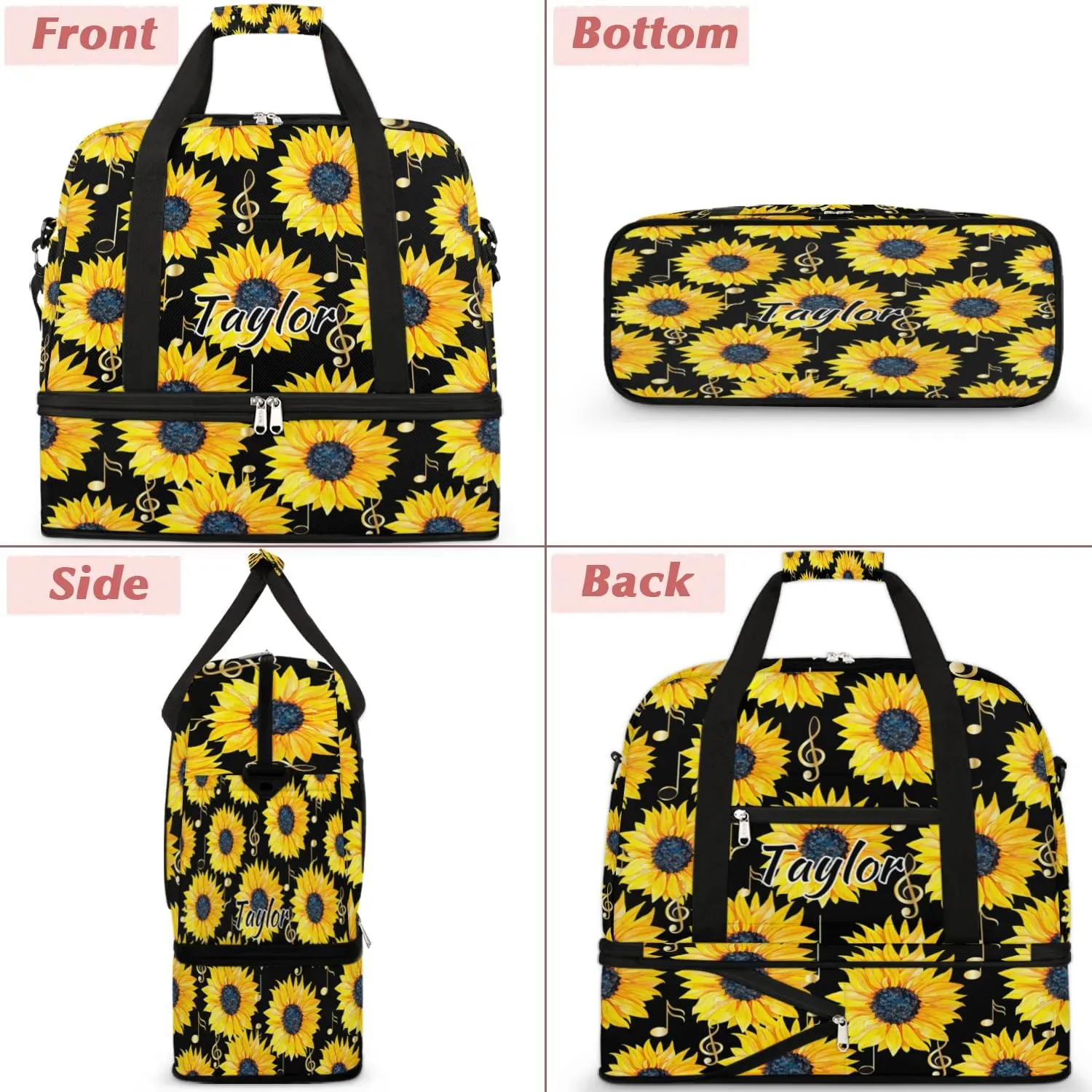 Customized Gym Bag for Women, Personalized Sunflower Travel Duffel Bag with Name, Music Note Weekender Overnight Bag with Shoes Compartment for Men Travel Yoga