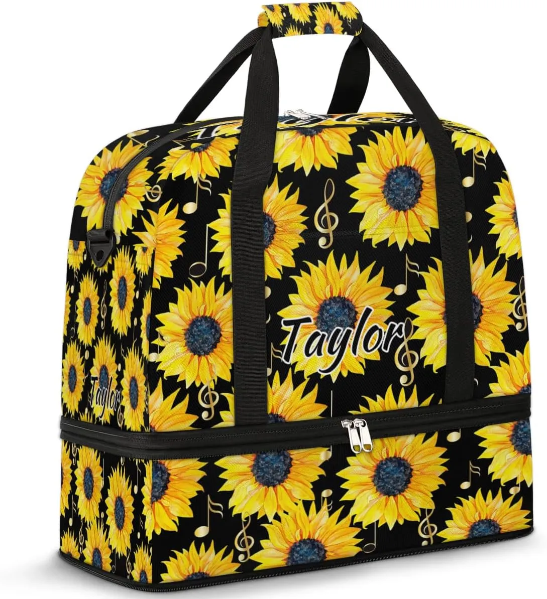 Customized Gym Bag for Women, Personalized Sunflower Travel Duffel Bag with Name, Music Note Weekender Overnight Bag with Shoes Compartment for Men Travel Yoga