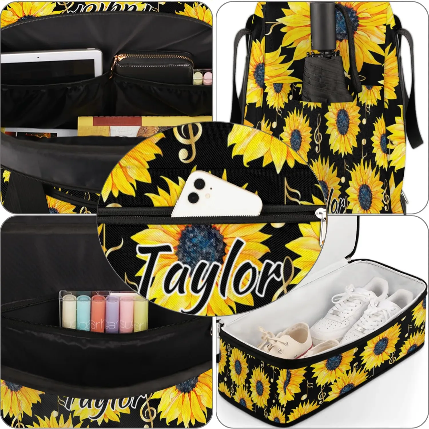 Customized Gym Bag for Women, Personalized Sunflower Travel Duffel Bag with Name, Music Note Weekender Overnight Bag with Shoes Compartment for Men Travel Yoga