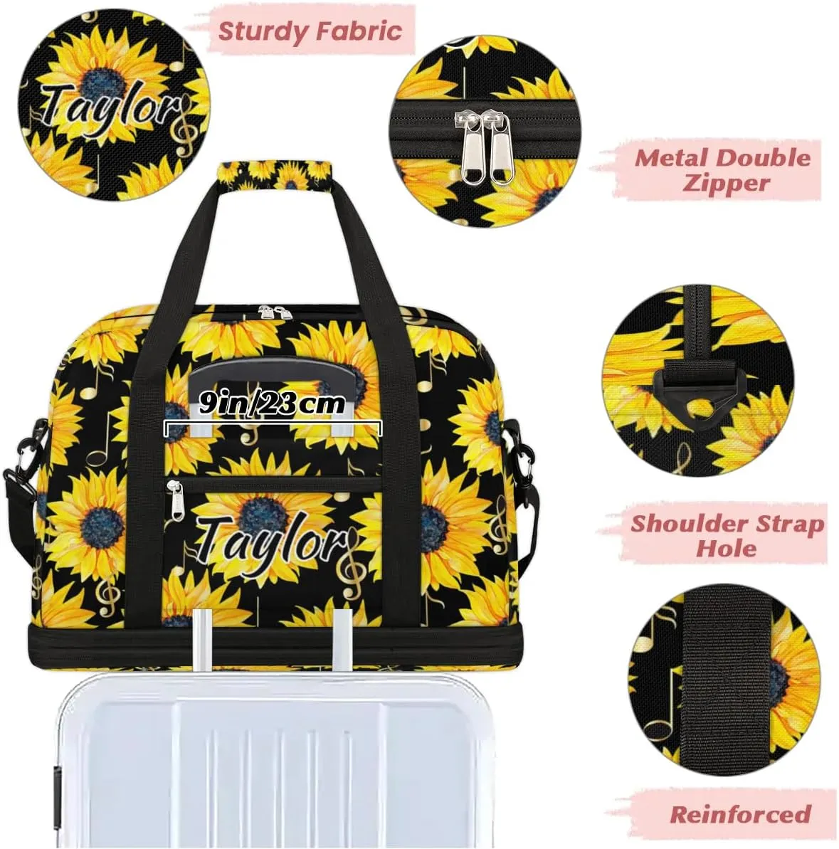 Customized Gym Bag for Women, Personalized Sunflower Travel Duffel Bag with Name, Music Note Weekender Overnight Bag with Shoes Compartment for Men Travel Yoga