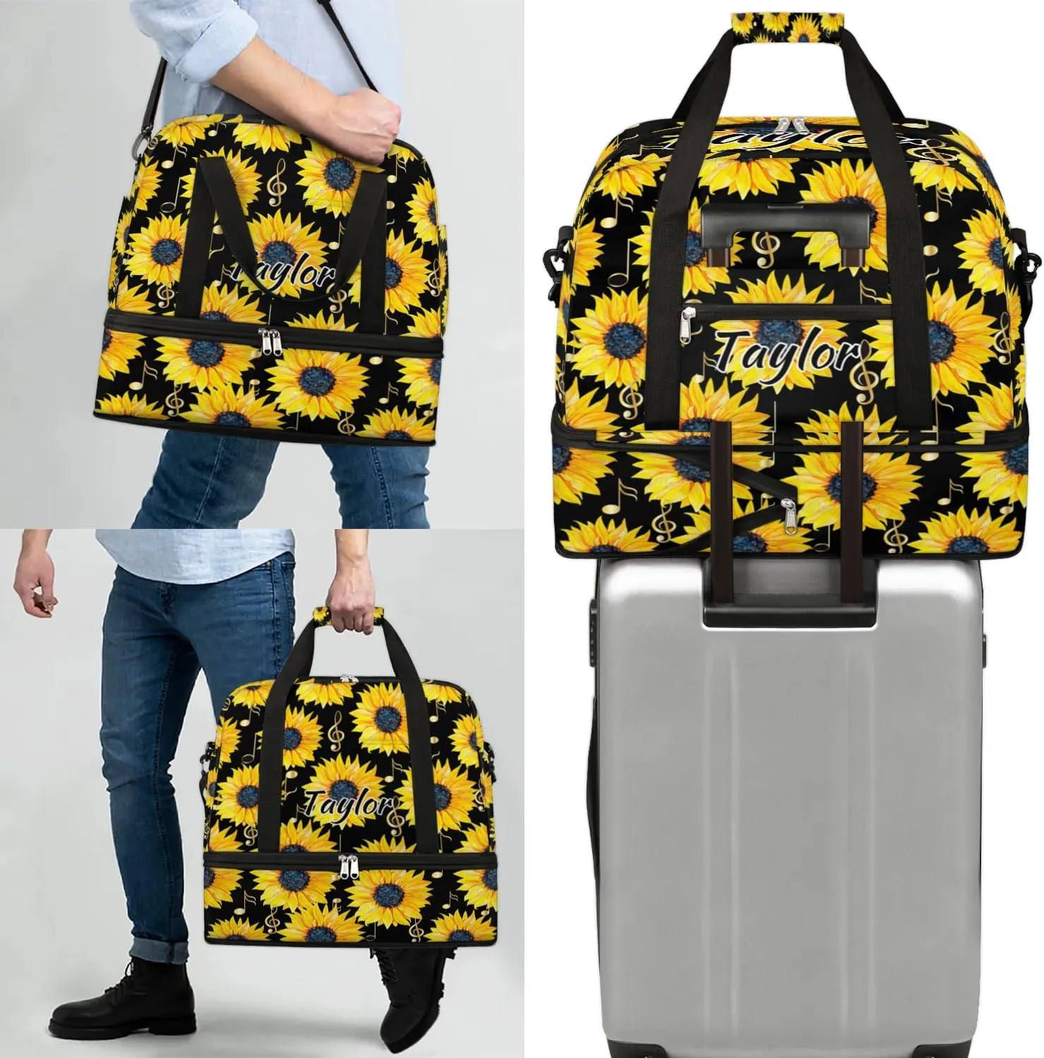 Customized Gym Bag for Women, Personalized Sunflower Travel Duffel Bag with Name, Music Note Weekender Overnight Bag with Shoes Compartment for Men Travel Yoga