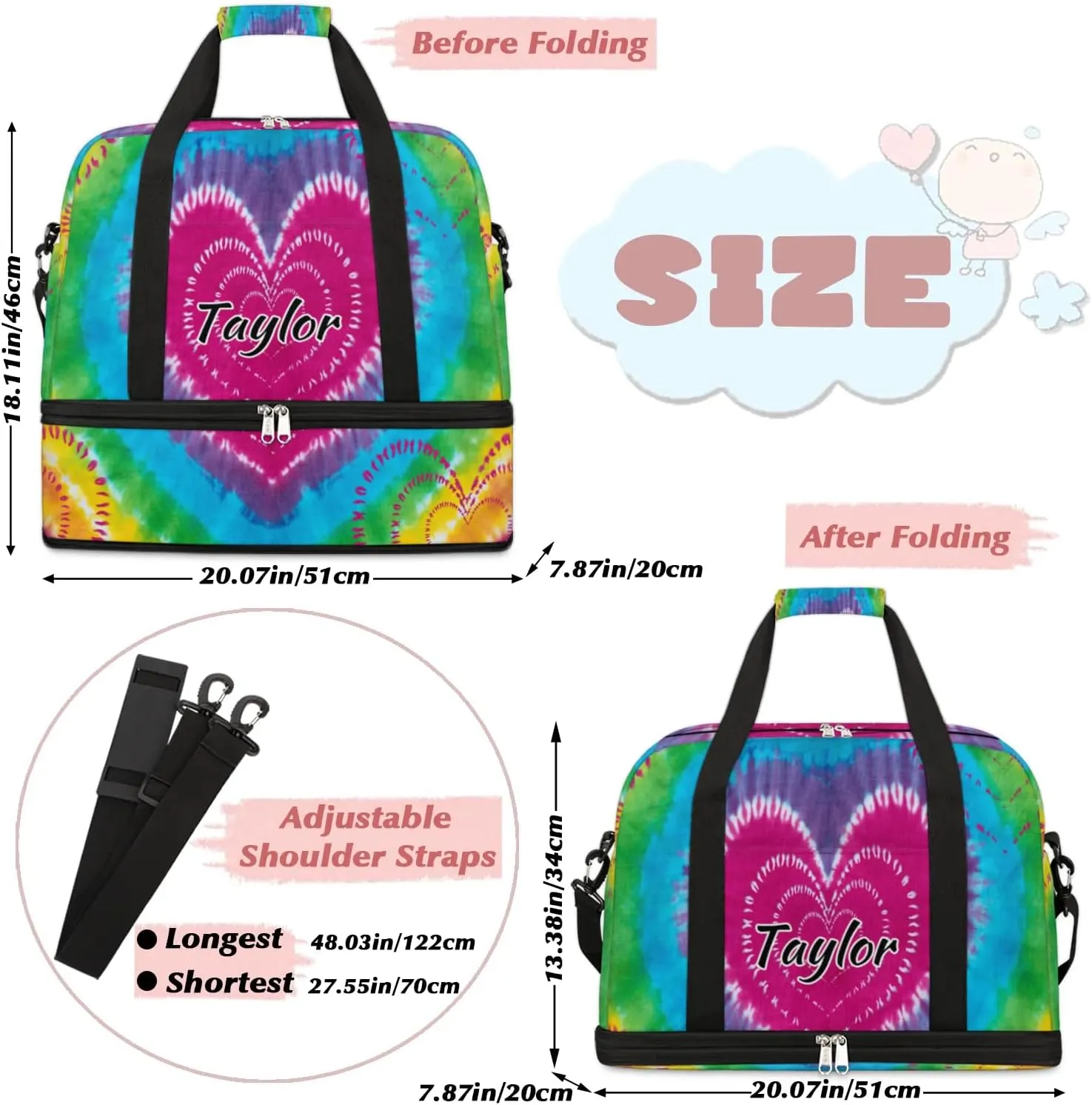 Customized Gym Bag for Women, Personalized Tie Dye Design Travel Duffel Bag with Name, Tie Dye Weekender Overnight Bag with Shoes Compartment for Men Travel Yoga
