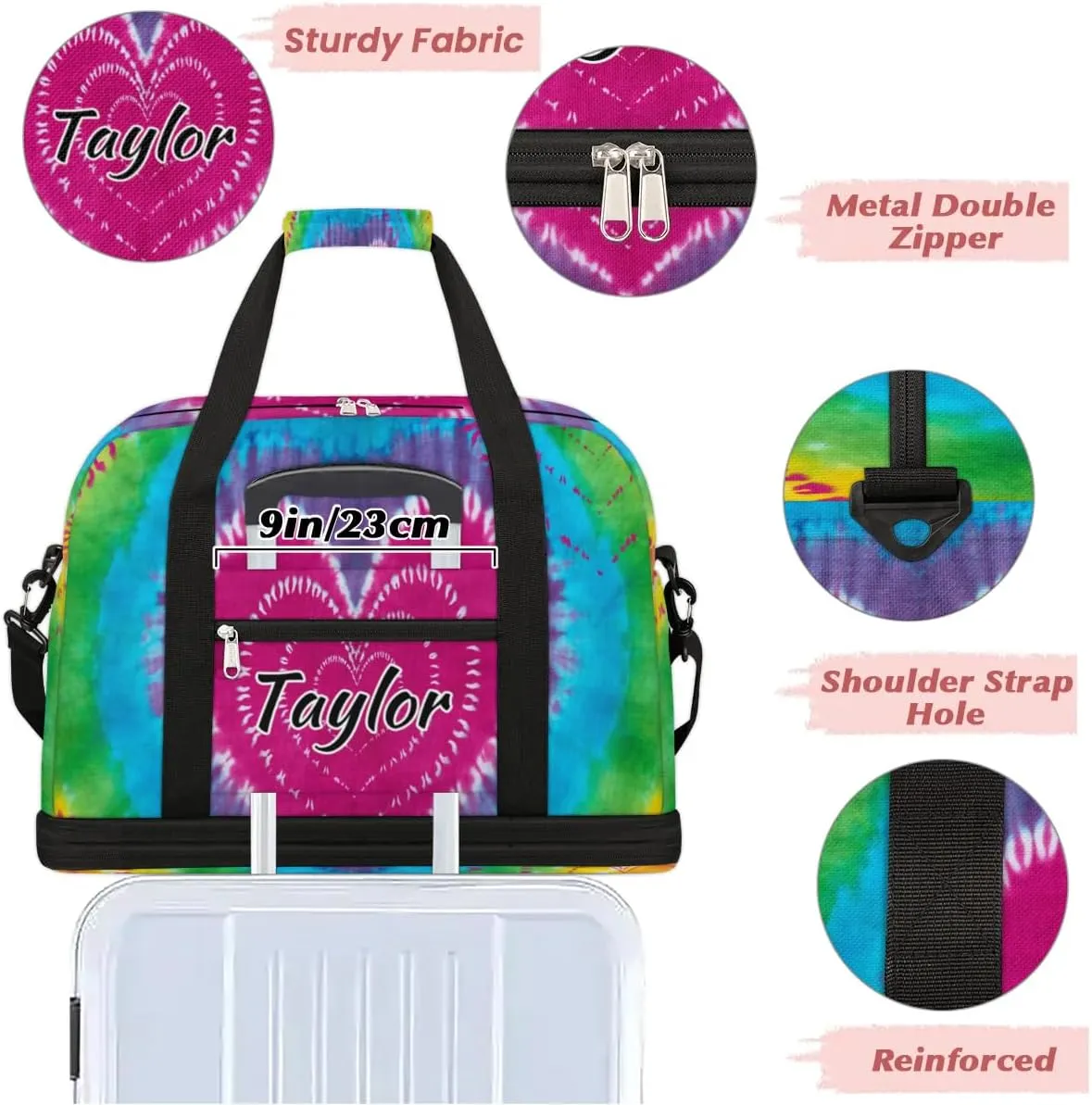 Customized Gym Bag for Women, Personalized Tie Dye Design Travel Duffel Bag with Name, Tie Dye Weekender Overnight Bag with Shoes Compartment for Men Travel Yoga
